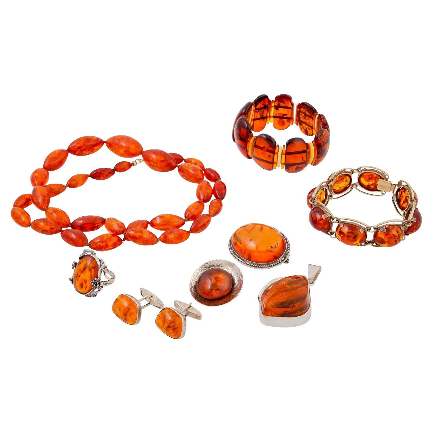 Collection of 8 Parts of Amber Jewelry For Sale