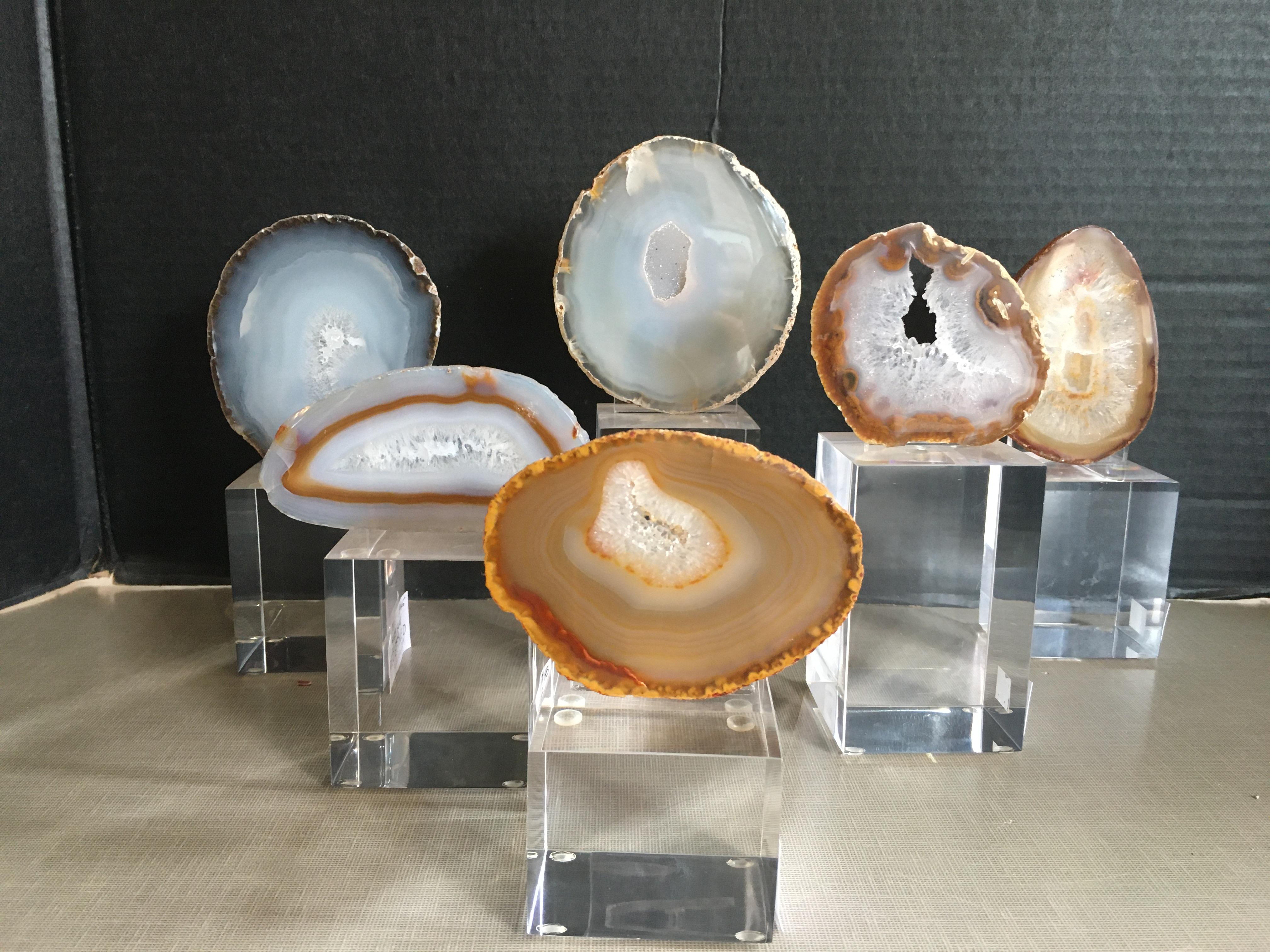 A collection of agate slices mounted on Lucite.