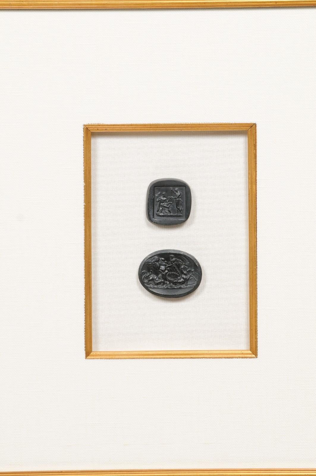 Collection of Black Intaglio Seals, Displayed Within Custom Golden Wood Frames 5