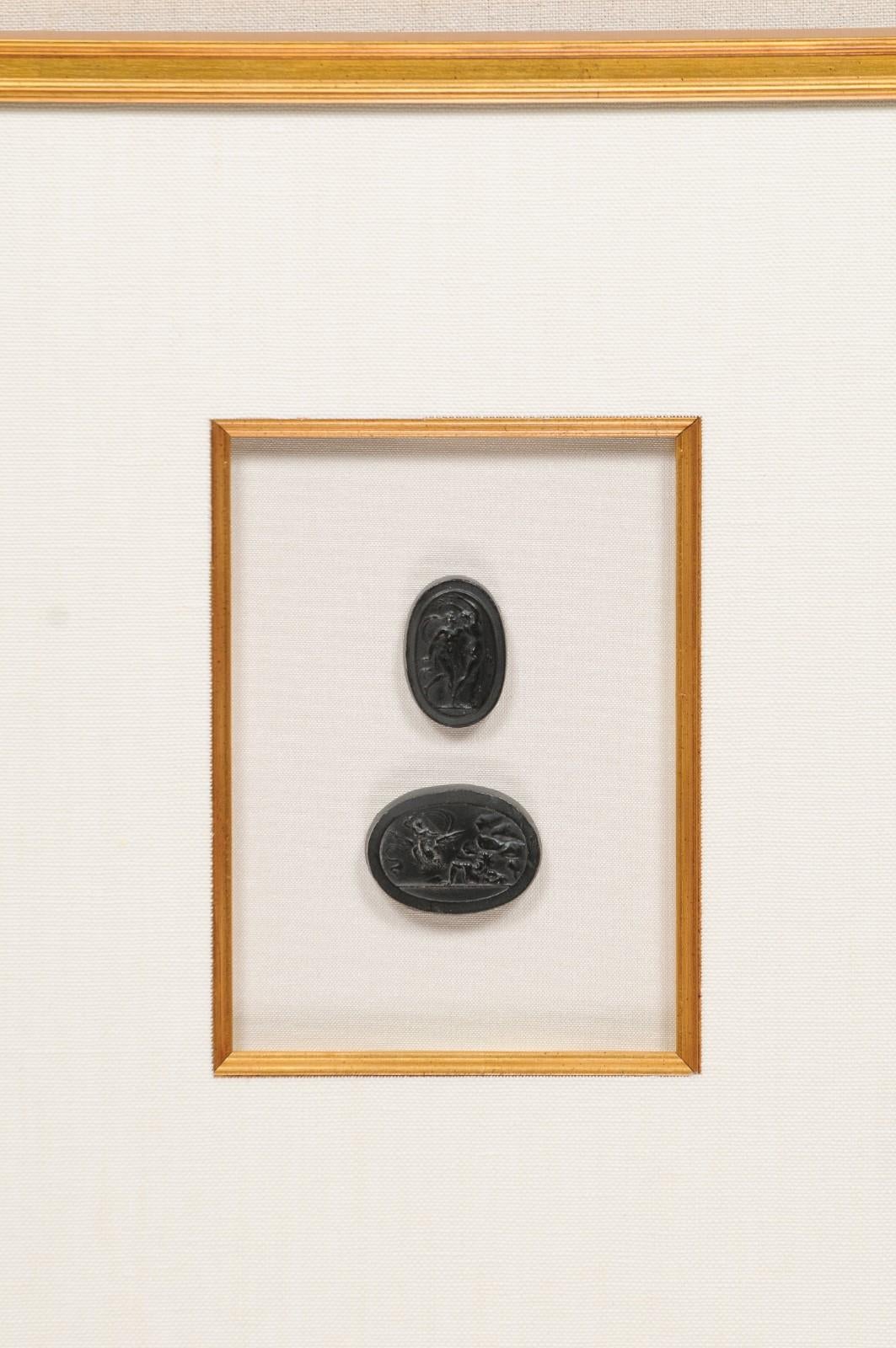 Collection of Black Intaglio Seals, Displayed Within Custom Golden Wood Frames 7