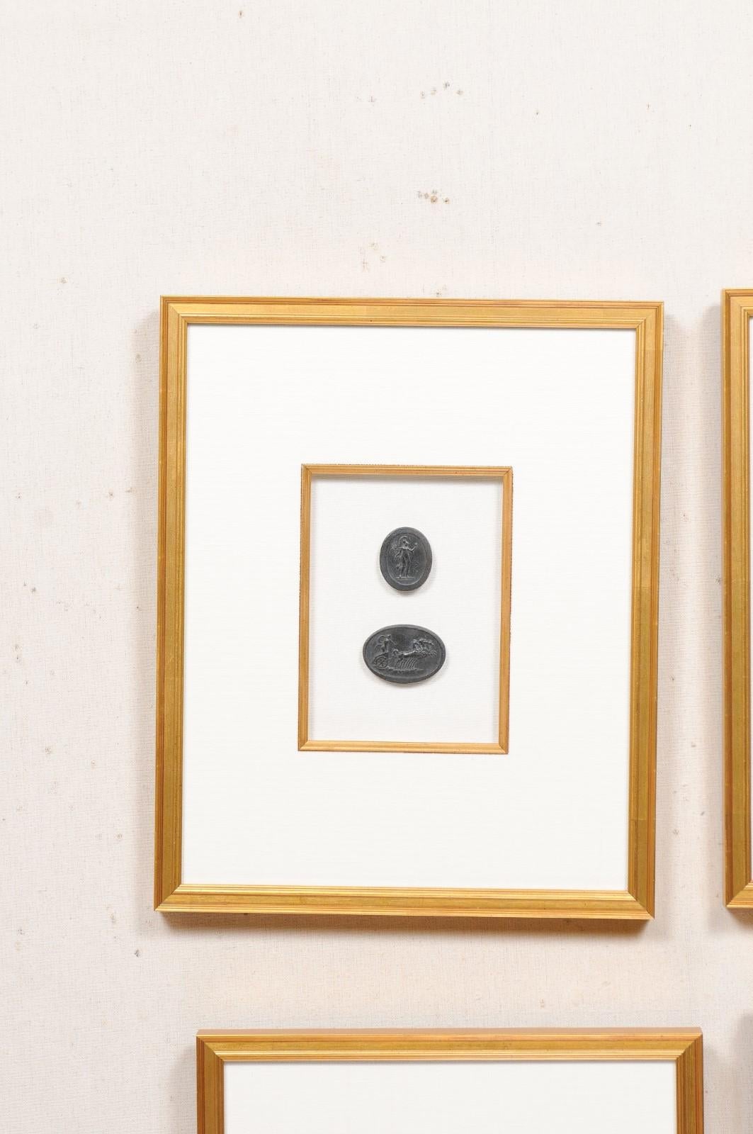 European Collection of Black Intaglio Seals, Displayed Within Custom Golden Wood Frames