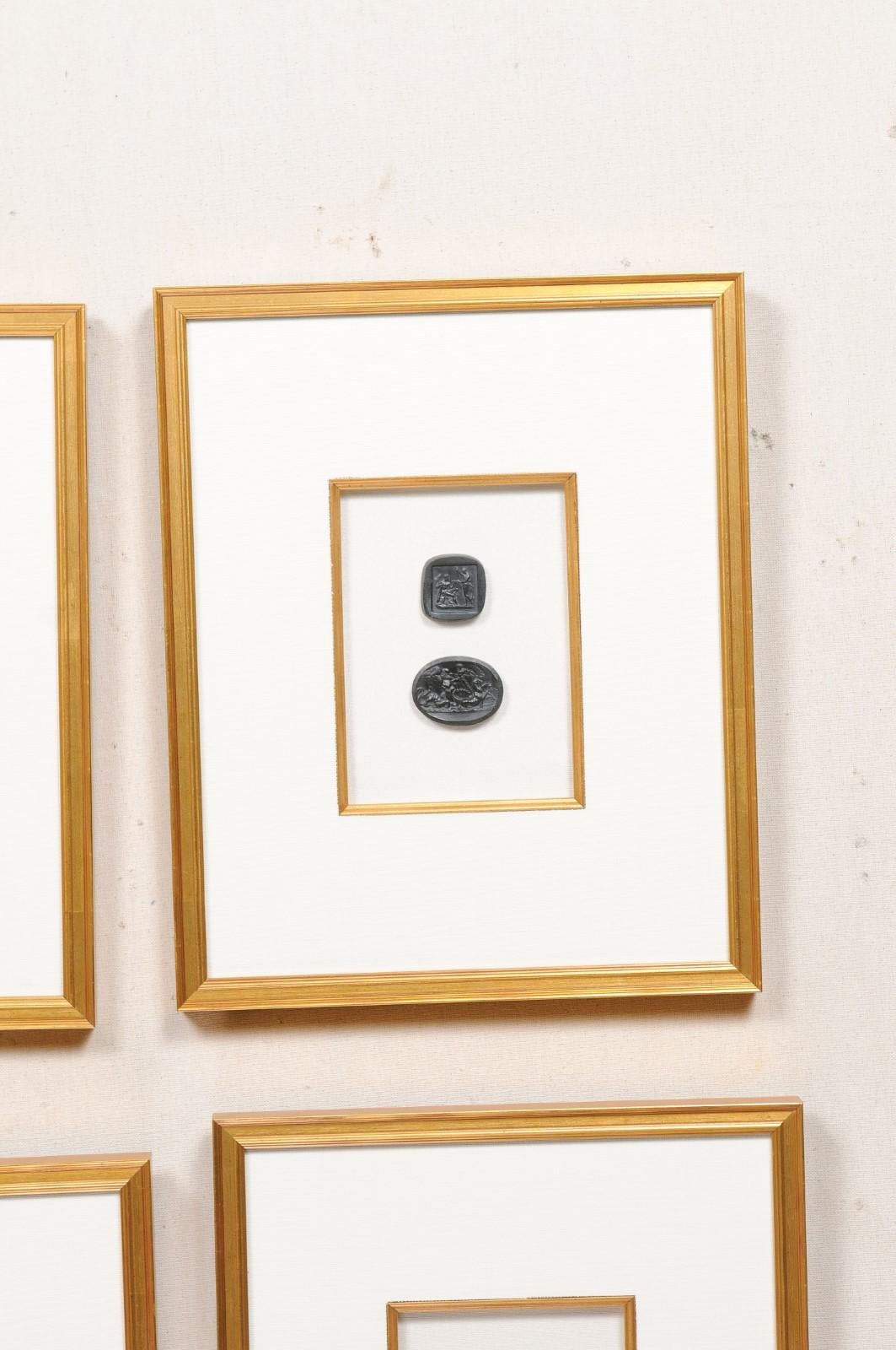 Collection of Black Intaglio Seals, Displayed Within Custom Golden Wood Frames In Good Condition In Atlanta, GA