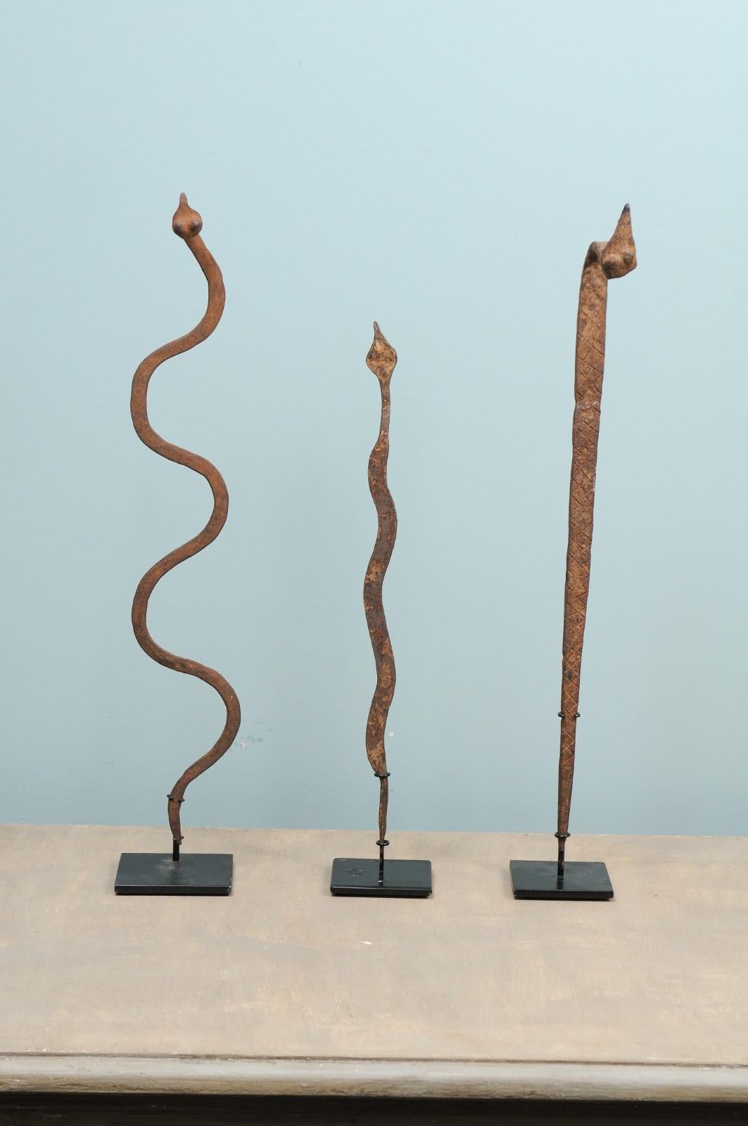 Una collezione di monete del Burkina Faso della metà del XX secolo. Questo assortimento di tre effigi rituali africane vintage di serpenti in ferro proviene dalla tribù Lobi del Burkina Faso. Queste monete a forma di serpente sono realizzate in