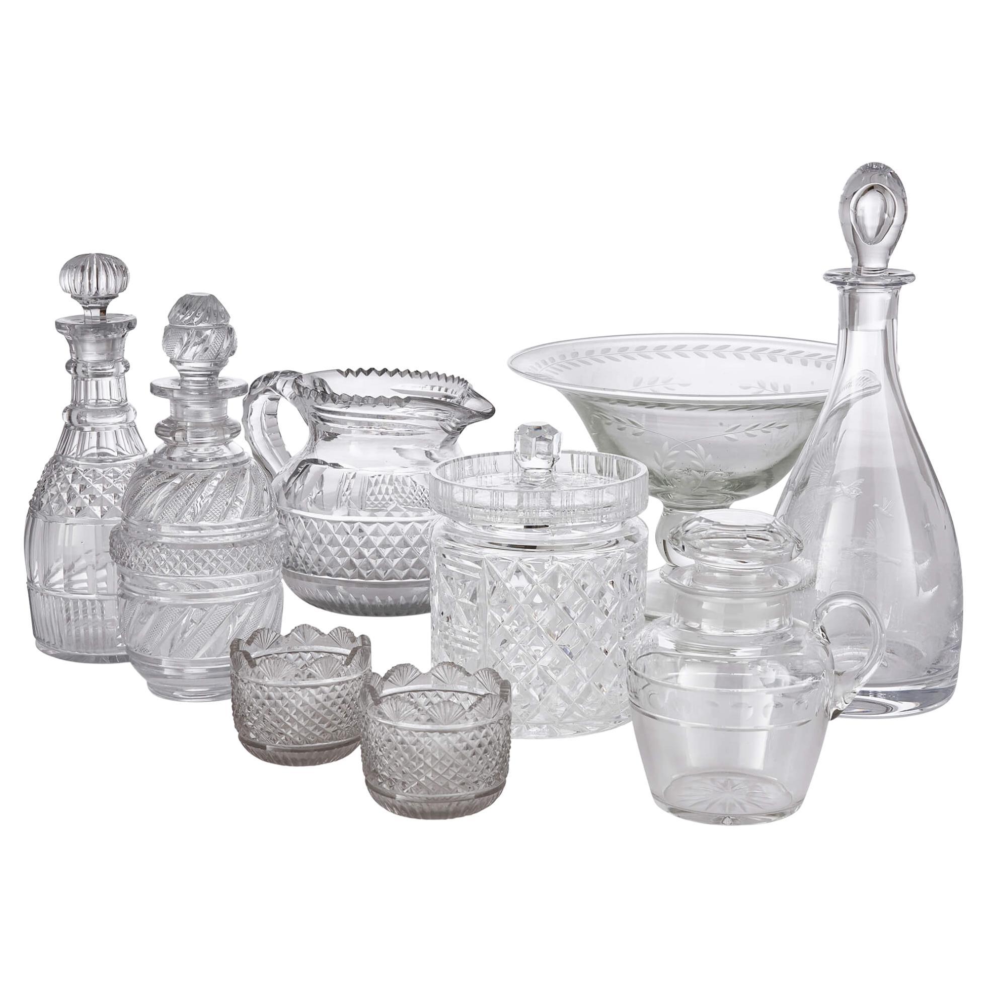 Collection of Engraved and Hobnail Cut Glassware, English, 20th Century For Sale