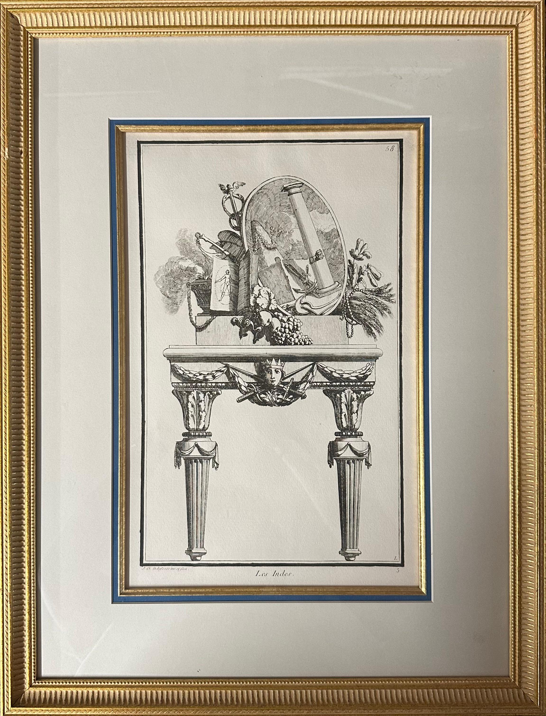 A Collection of Engravings Illustrating 18th Century Furniture and Objects that the artist felt represented certain locations around the world. Switzerland, Asia, Portugal, England, Greece, Persia, Japan, and India. Gilt frames with double blue mats