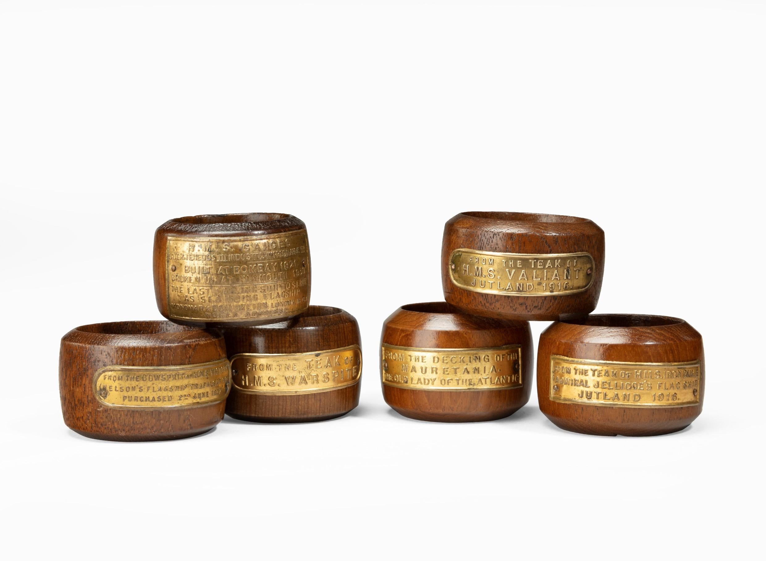 These six napkin rings are made from the timbers Victory, Ganges, Iron Duke, Valiant, Warspite and Mauritania. Each is turned and applied with a brass label stating variously: ‘From the Bowsprit of HMS Victory (Nelson’s Flagship Trafalgar 1805)