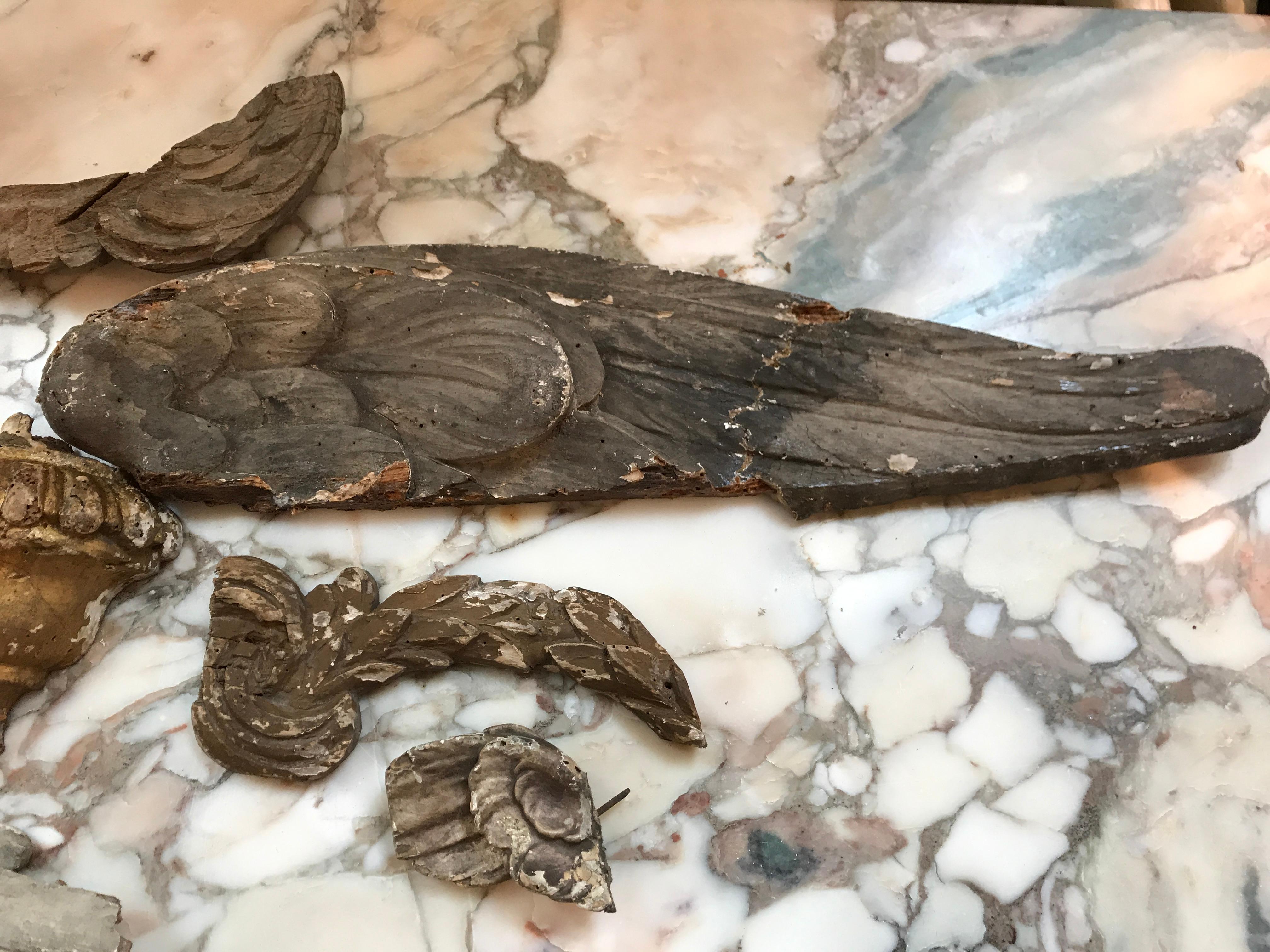 Baroque Collection of Nine Early 18th Century Italian Wood Fragments of Wings and Urns For Sale