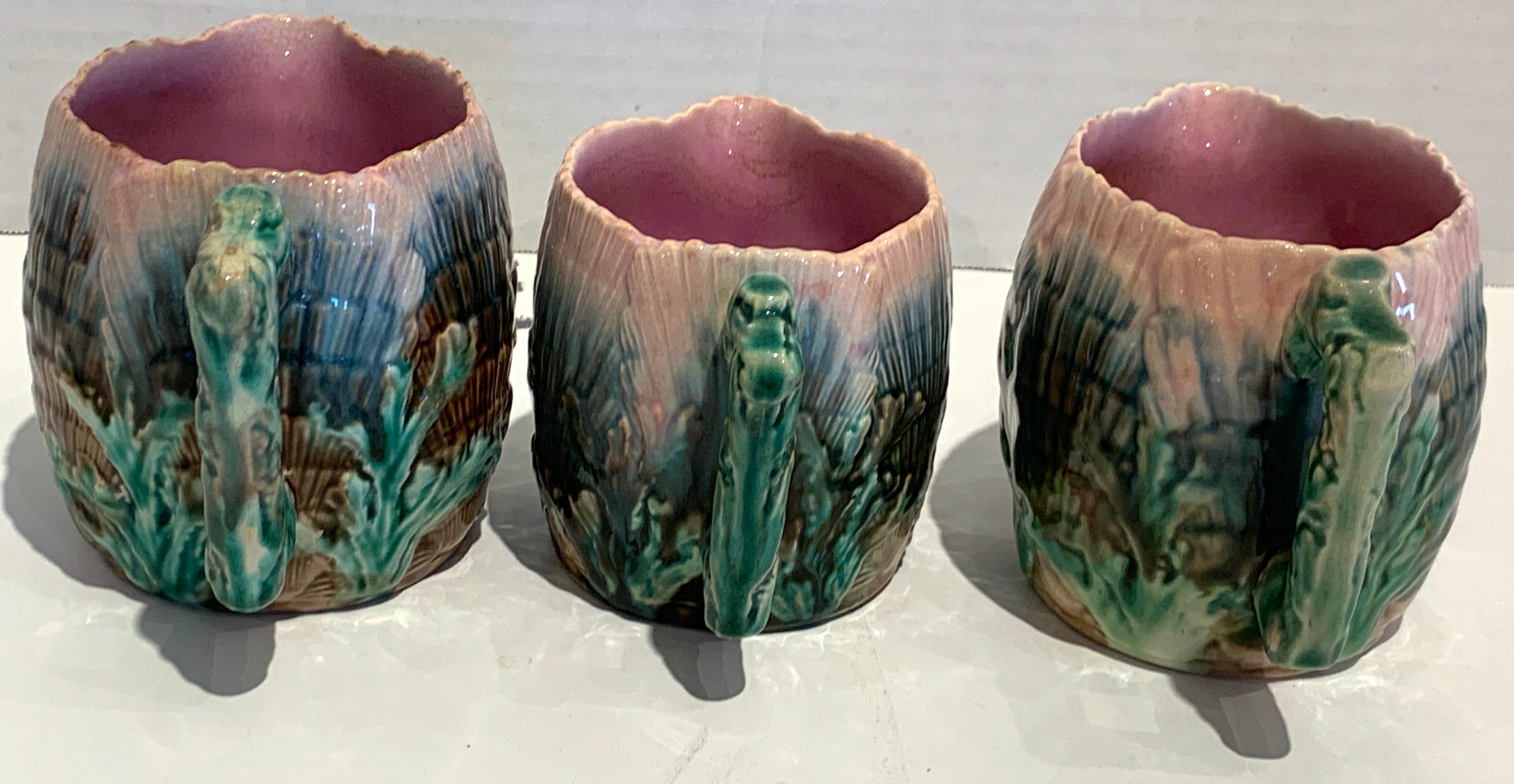 Collection of Six Etruscan Majolica Shell and Seaweed Pitchers For Sale 3