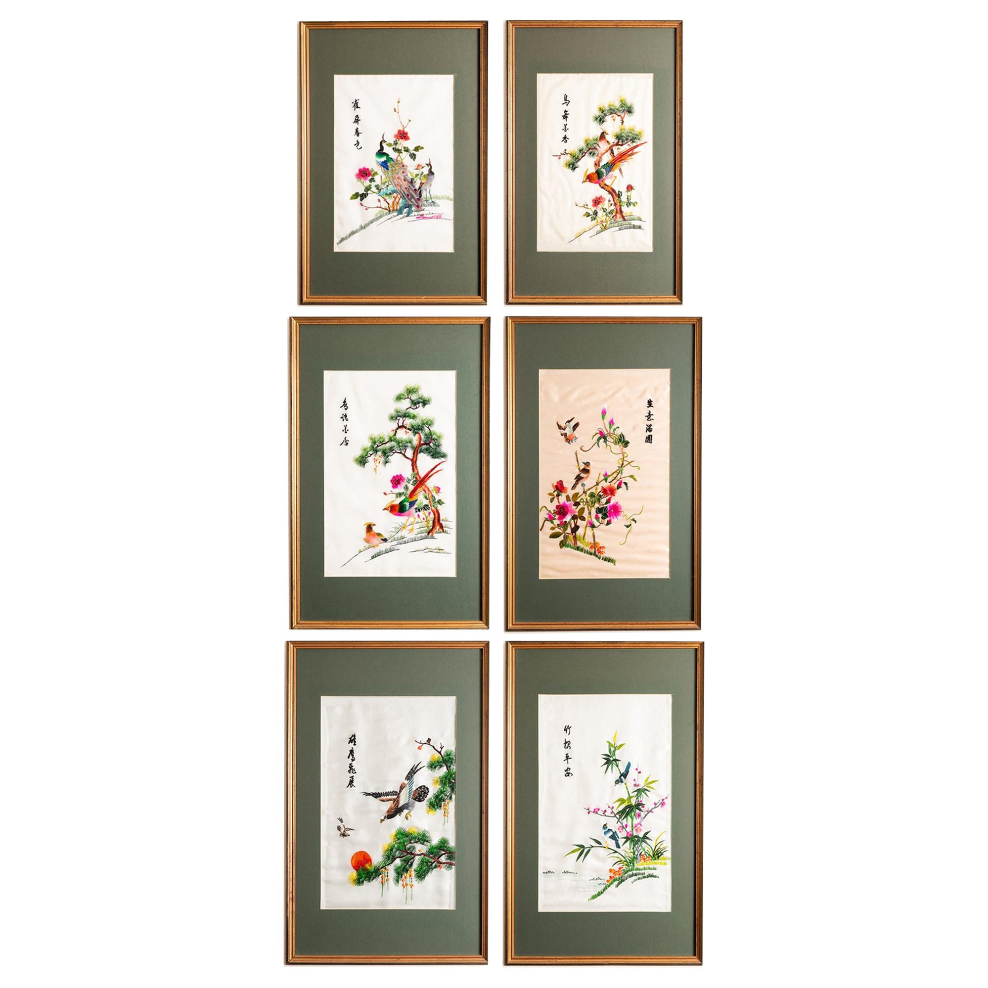 Collection of Six Framed Silk Embroidered Chinese Panels, China, circa 1950