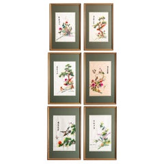 Vintage Collection of Six Framed Silk Embroidered Chinese Panels, China, circa 1950