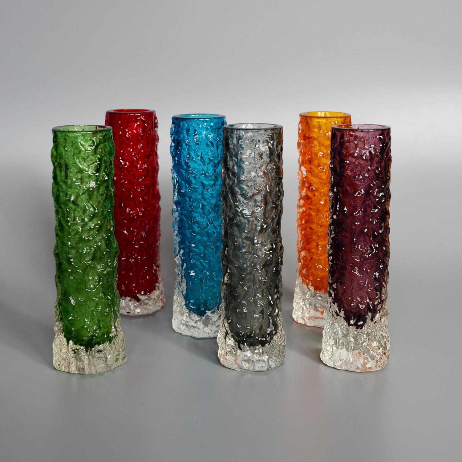 A Collection of six textured 'Finger' Bark Vases in various colors designed by Geoffrey Baxter for Whitefriars Glass Factory. 

Designer: Geoffrey Baxter (1922-1995)

Geoffrey Baxter was one of the most influential and significant British glass
