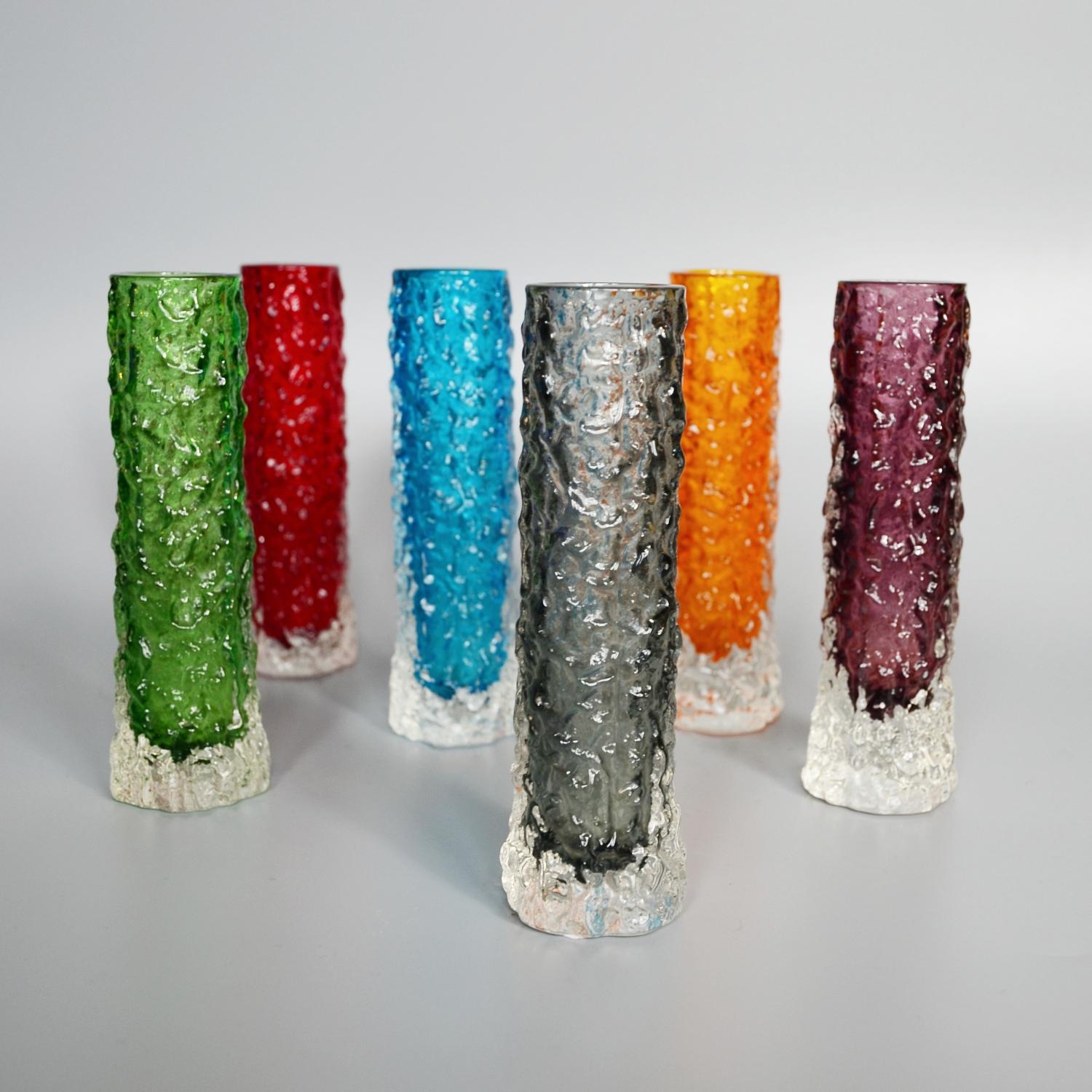 Collection of Six Textured Glass Vases by Geoffrey Baxter for Whitefriars In Excellent Condition In Forest Row, East Sussex
