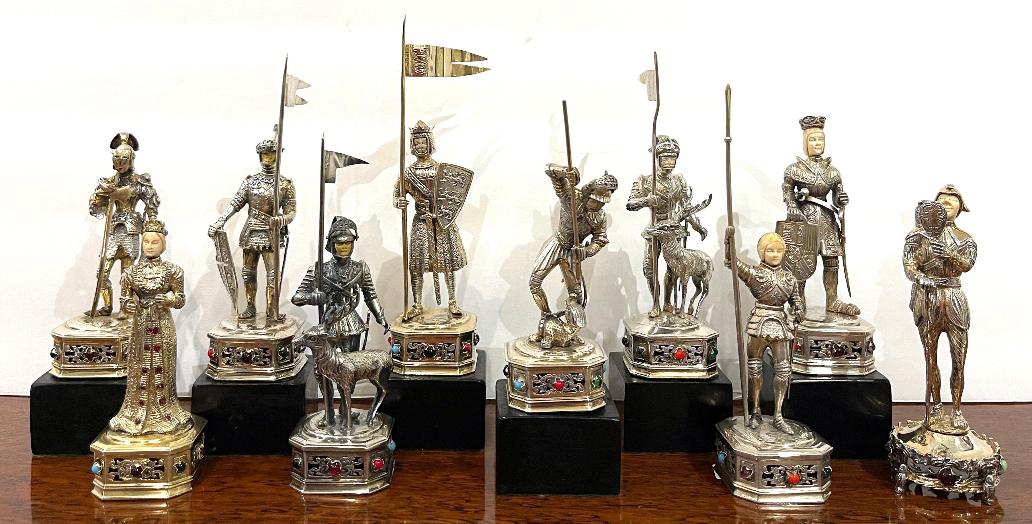 A collection of ten sterling silver & semi-precious stone medieval figures 
Germany, 20th Century, Post WWII, 1950s

A stunning assembled collection of cast, meticulously modeled figures of the Medieval / Renaissance period. 

Each one with a