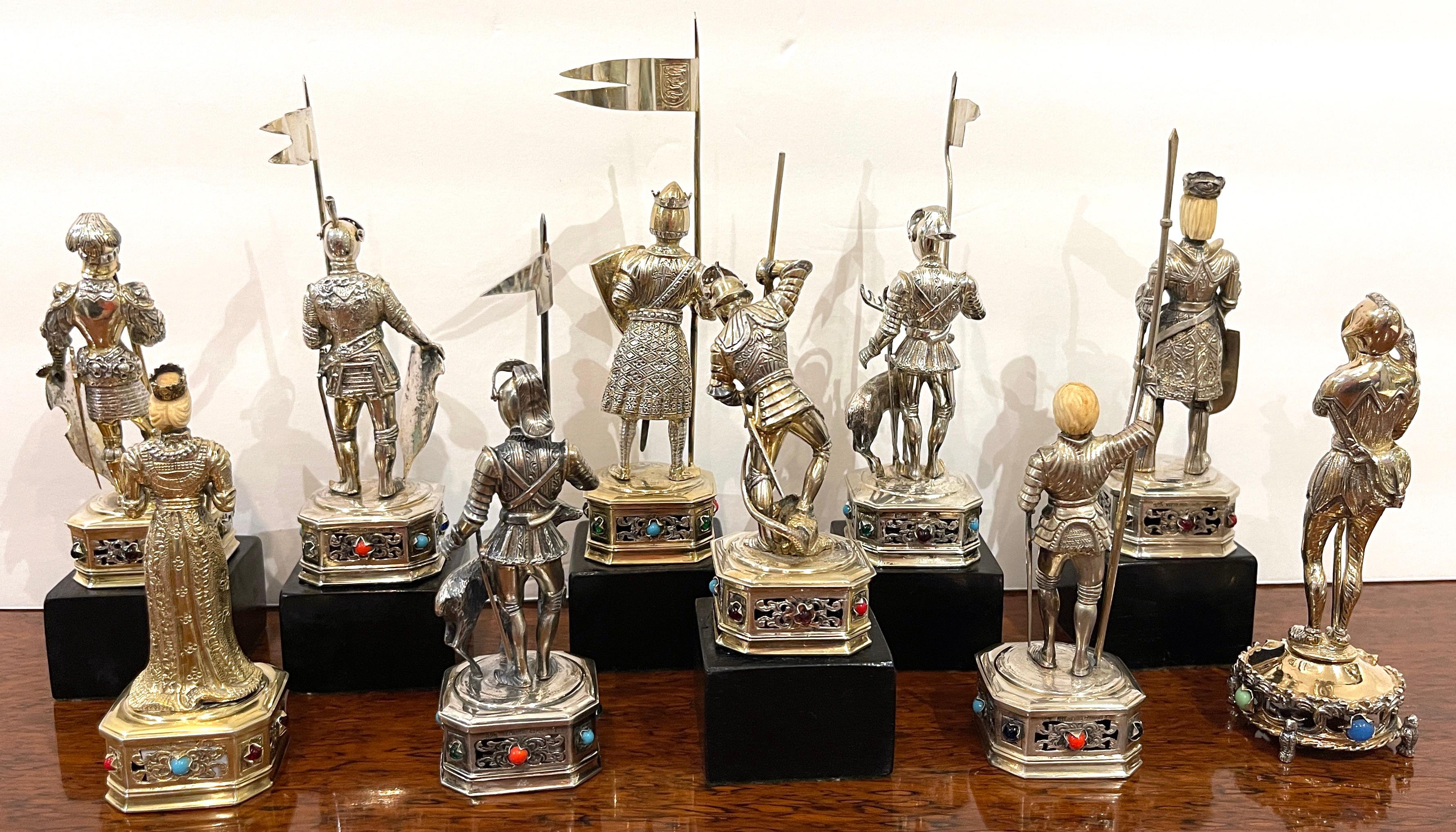 Engraved Collection of Ten Sterling Silver & Semi-Precious Stone Medieval Figures