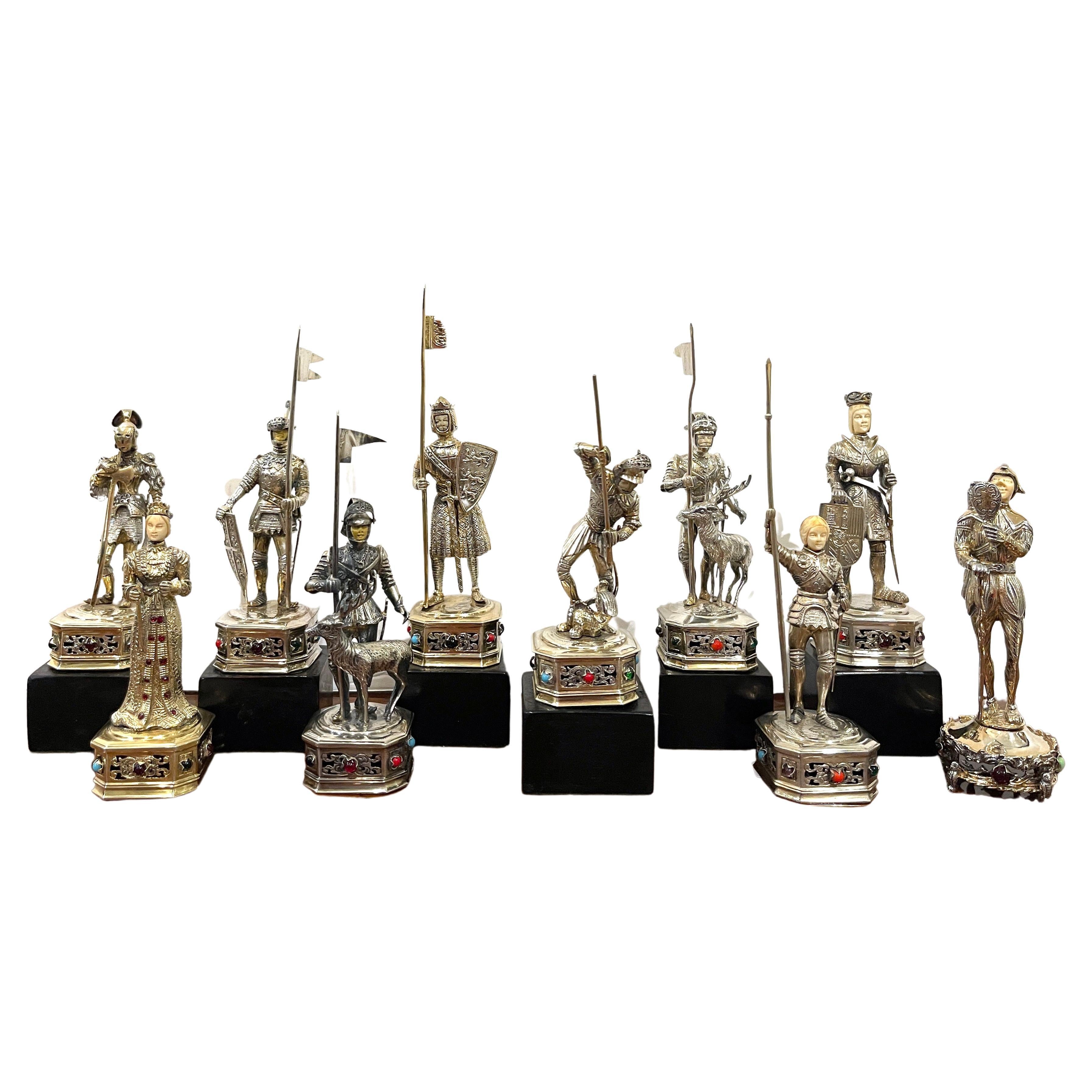 Collection of Ten Sterling Silver & Semi-Precious Stone Medieval Figures