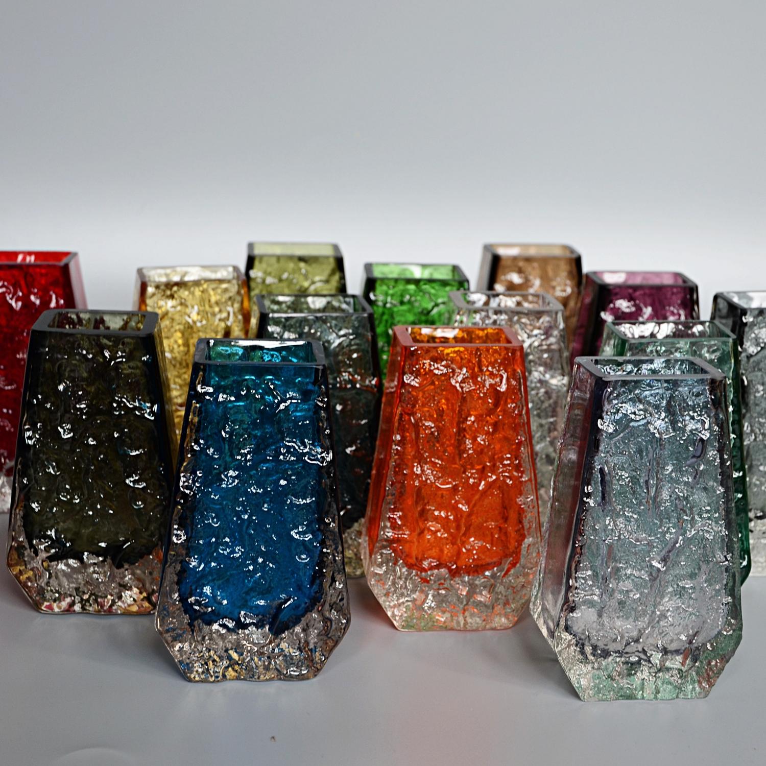 Collection of 14 Textured Glass Vases by Geoffrey Baxter for Whitefriars Glass 1