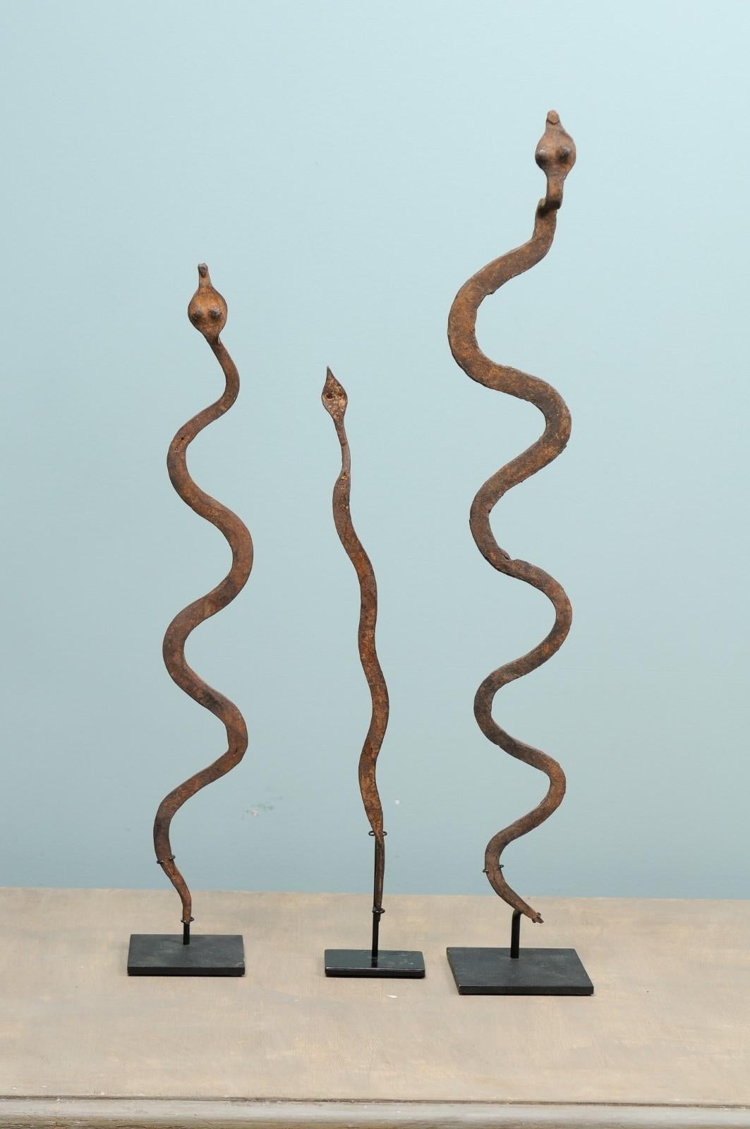 Une collection de devises du Burkina Faso datant du milieu du 20e siècle. Cet assortiment de trois effigies de serpents rituels africains en fer provient de la tribu Lobi du Burkina Faso. Ces monnaies en forme de serpent sont fabriquées en fer, ont