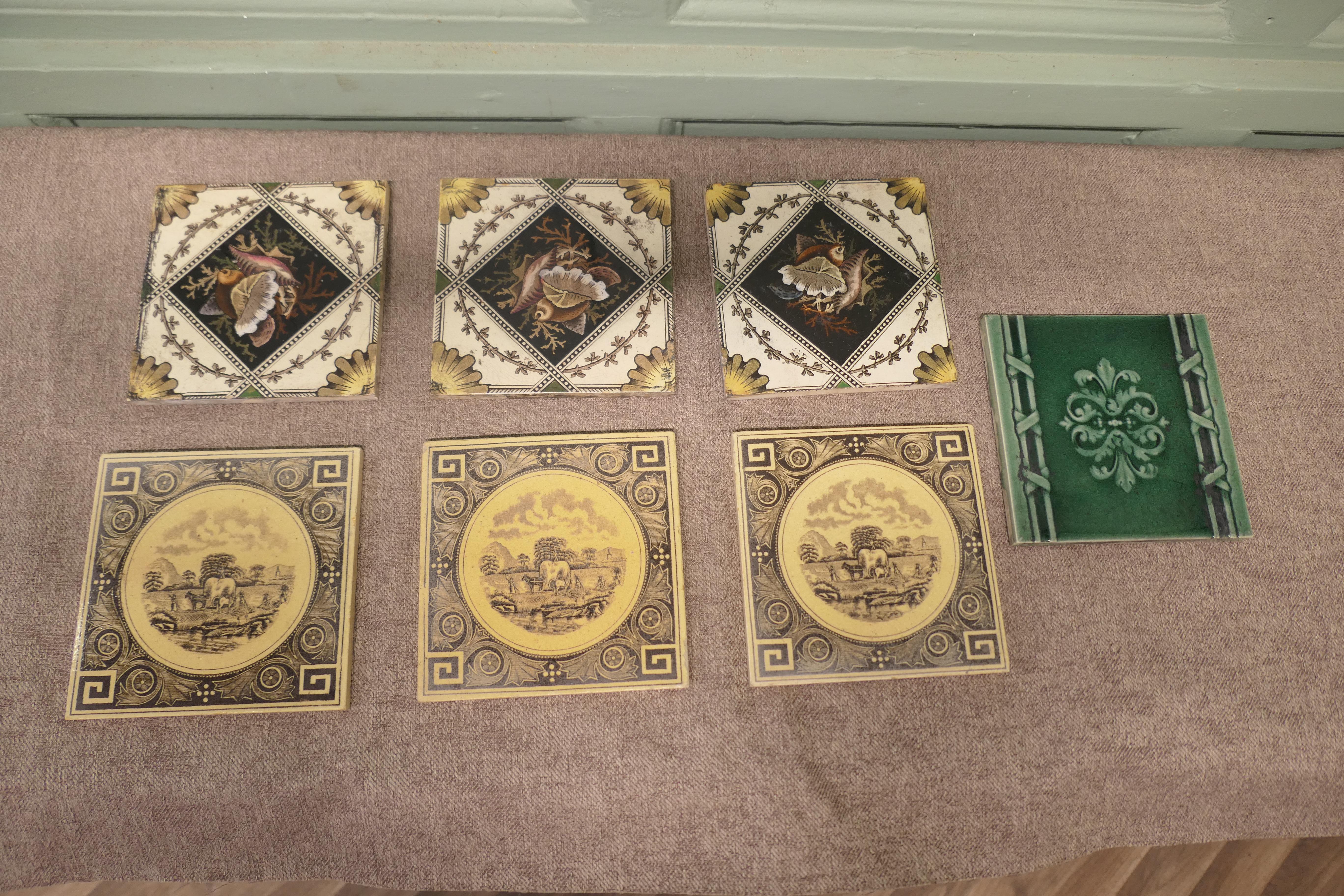 A Collection of Victorian Ceramic Tiles 7 Lovely Tiles For Sale 1