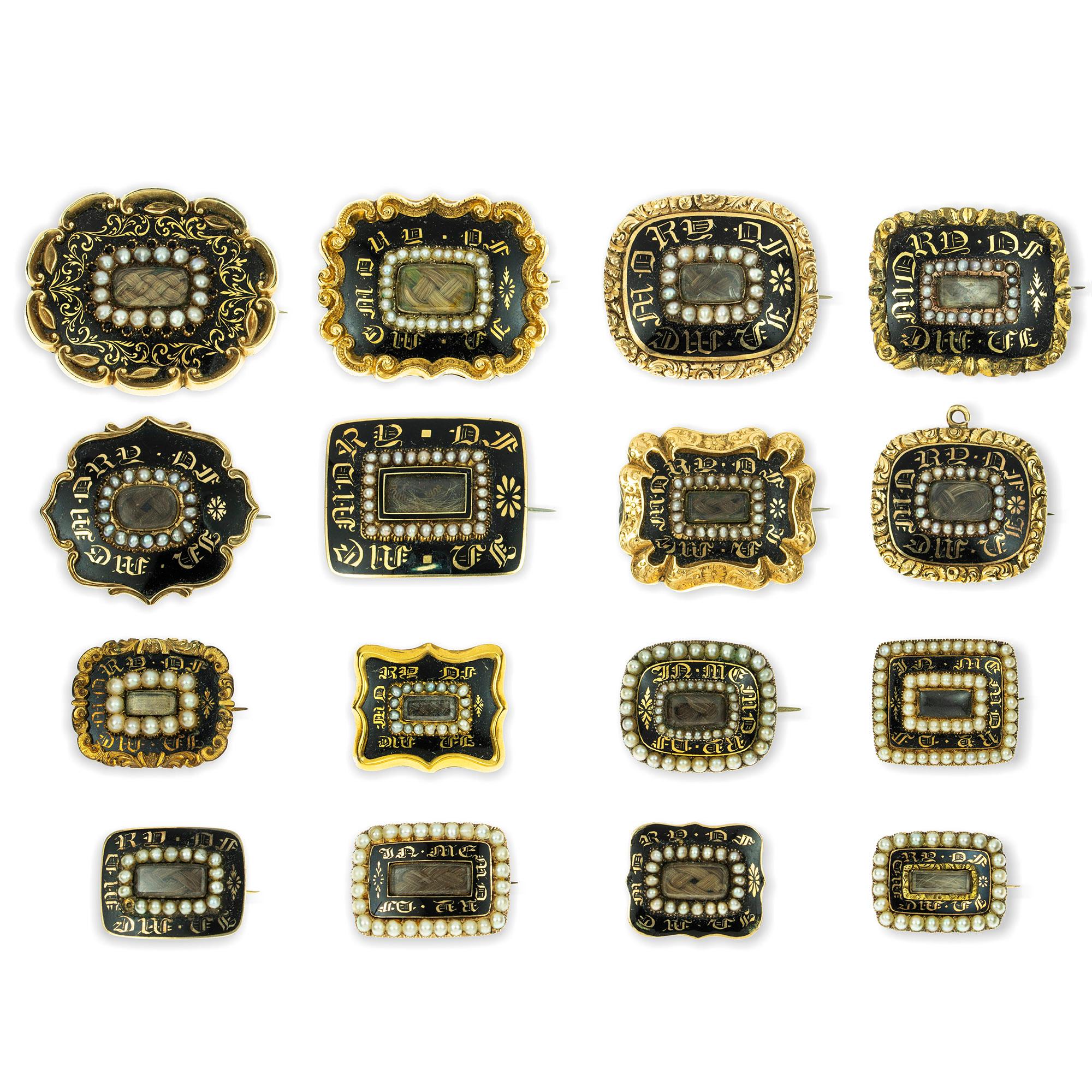 A collection of sixteen William IV and Victorian mourning brooches, each brooch centred with a glazed locket containing plaited hair within seed pearl surround and gold mourning inscription on black enamel ground, most engraved to the reverse with