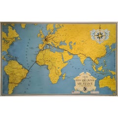 Vintage 1938 original map titled "Carte du réseau aérien français"  Air France