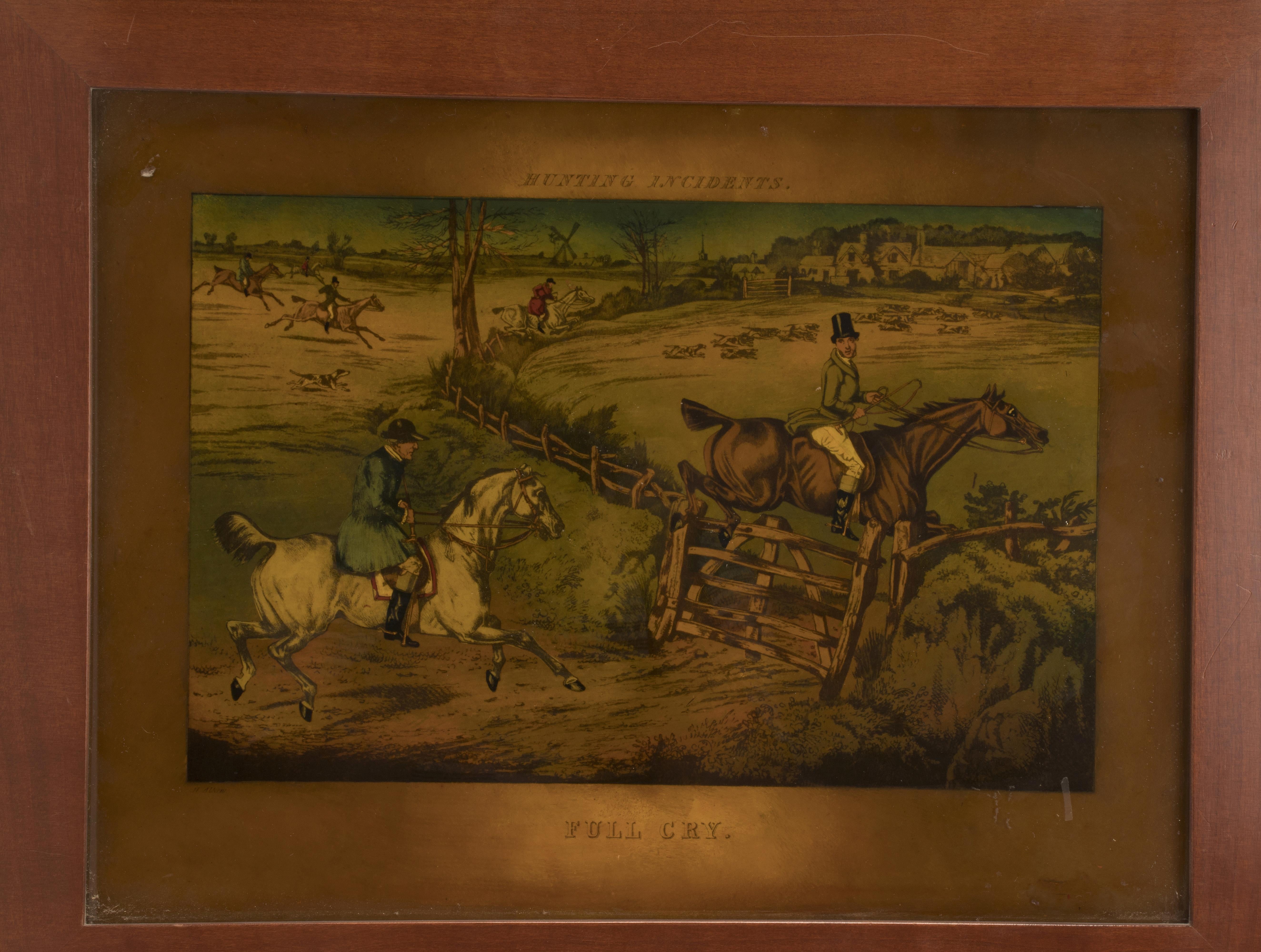 A color print, depicting a hunting scene (Full Cry – Hunting incidents). Solid cherry wood frame, polished and beeswaxed. England circa 1880.