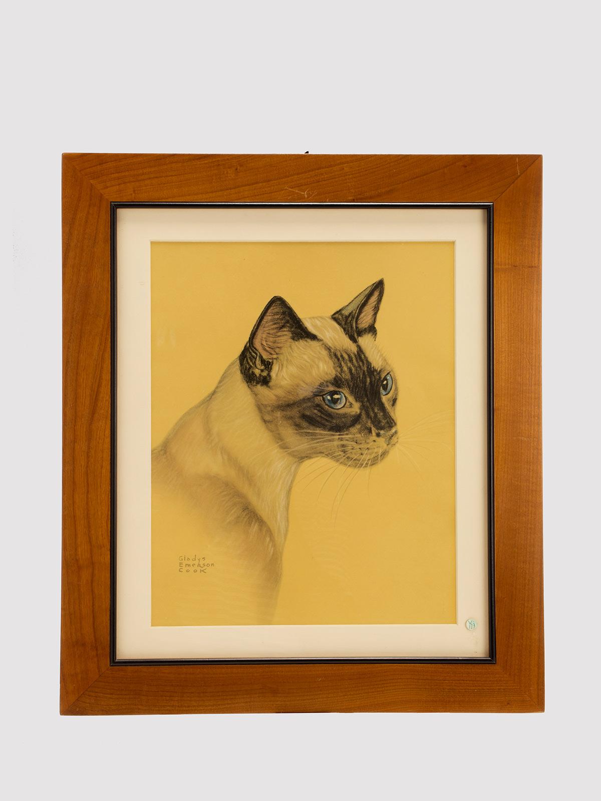 Ein Farbdruck, der eine Siamkatze darstellt. Gladys Emerson Cook. Massiver Kirschholzrahmen, poliert und bienengewachst. Vereinigte Staaten um 1940.
