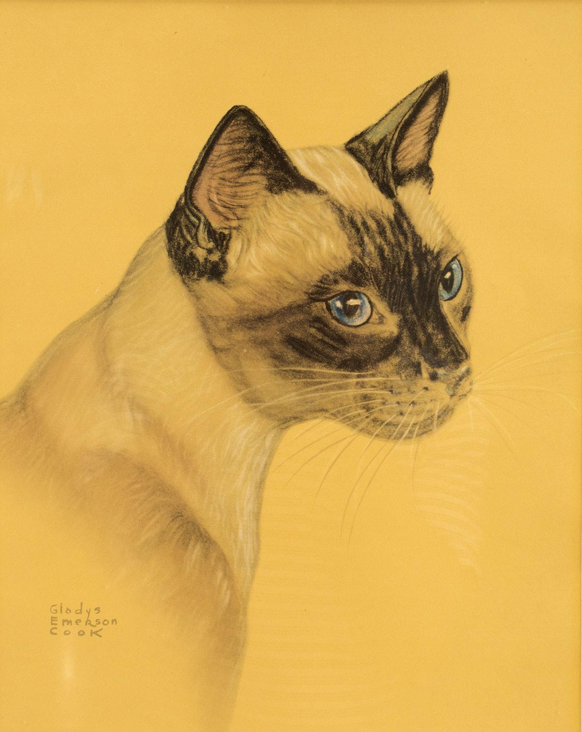 Ein Farbdruck, der eine Siamkatze darstellt, USA 1940. (20. Jahrhundert) im Angebot