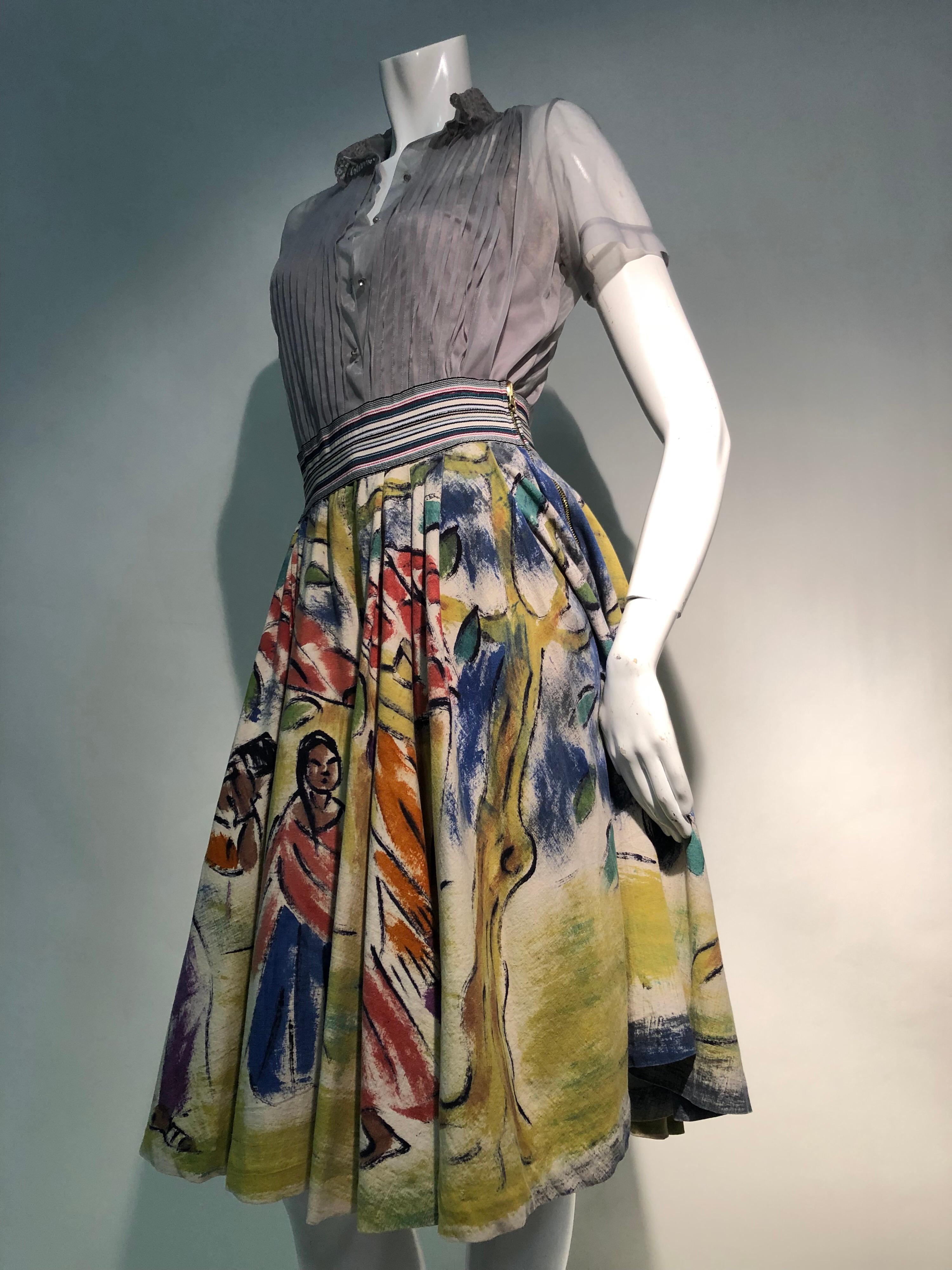 A Colorful 1950s Hand Painted Mexican Circle Skirt W/ Oyster Chiffon Blouse 8