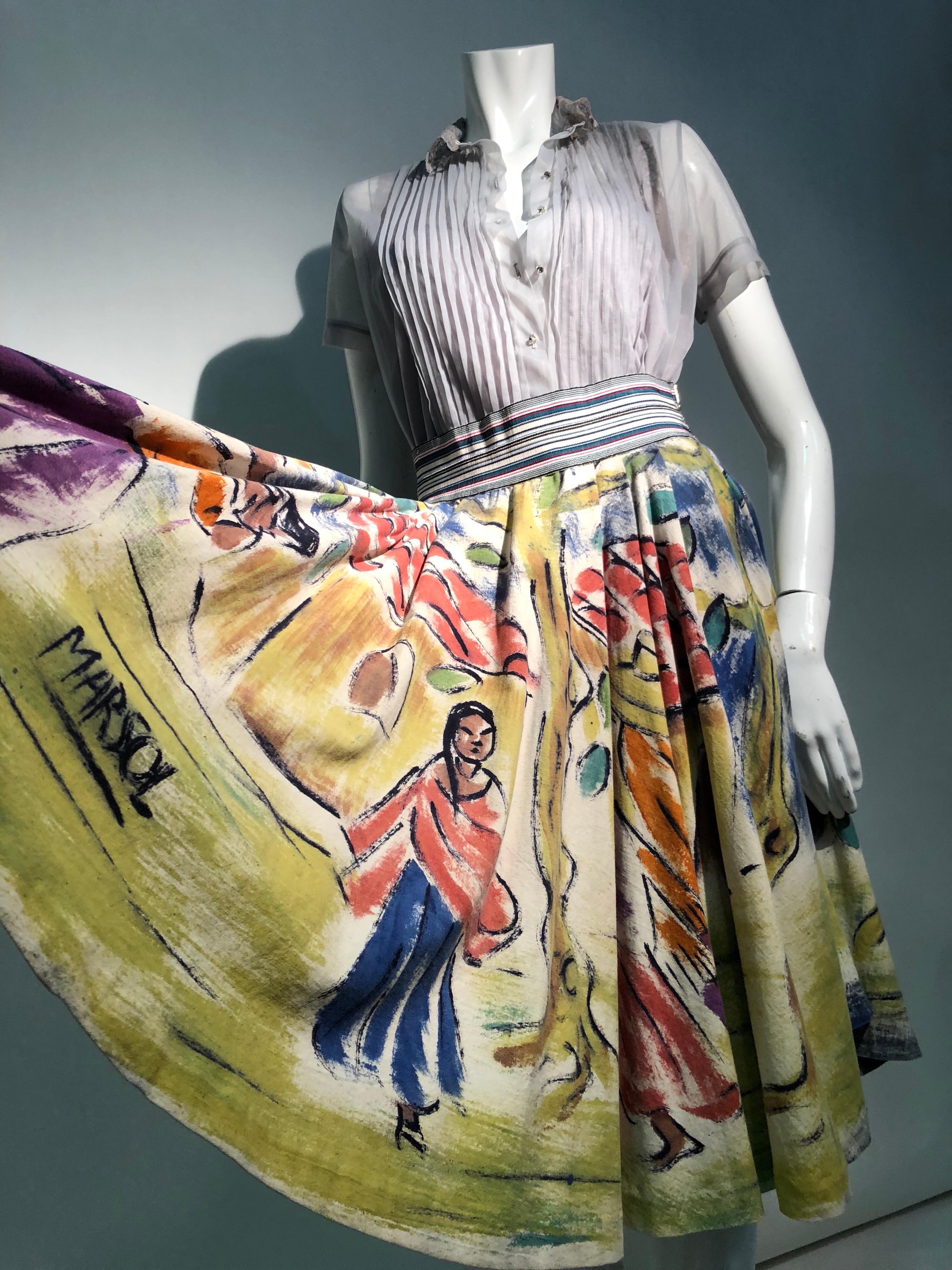 A Colorful 1950s Hand Painted Mexican Circle Skirt W/ Oyster Chiffon Blouse 9