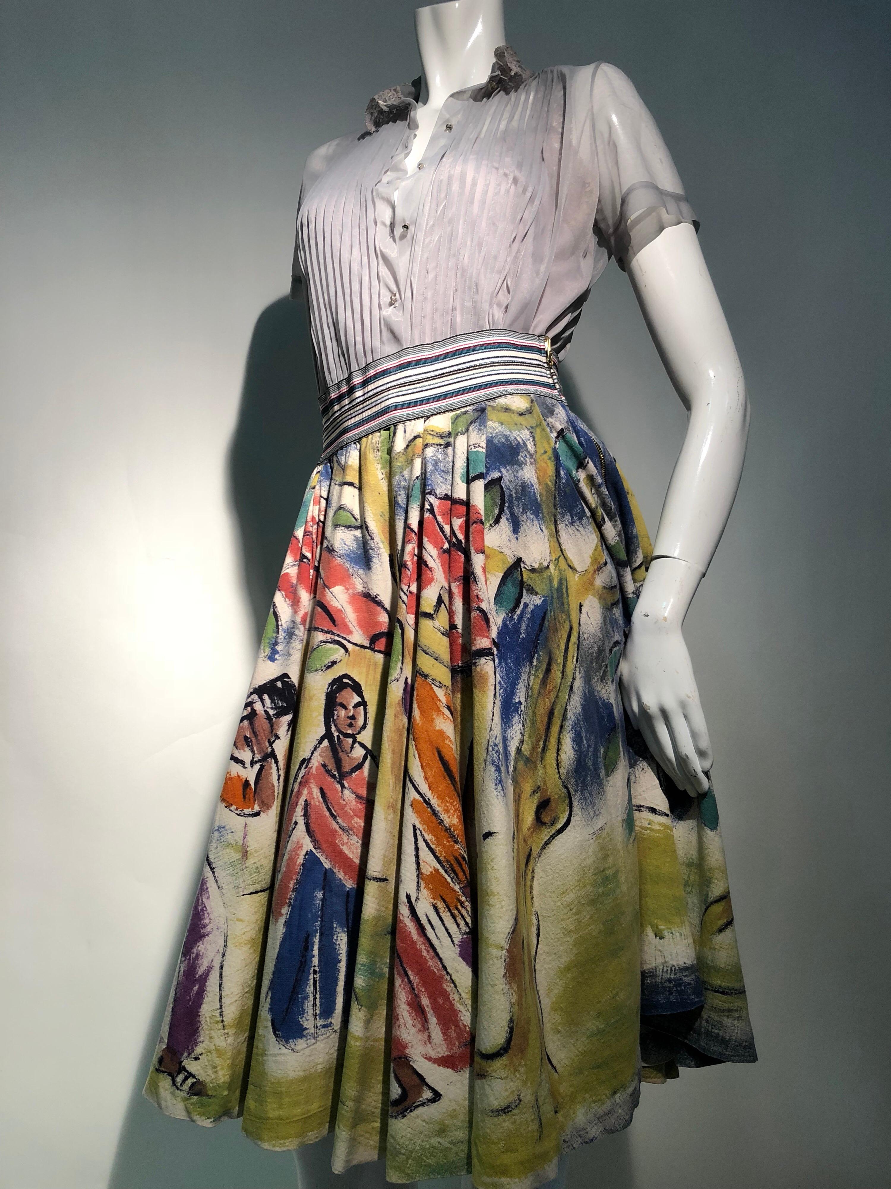 A Colorful 1950s Hand Painted Mexican Circle Skirt W/ Oyster Chiffon Blouse 10
