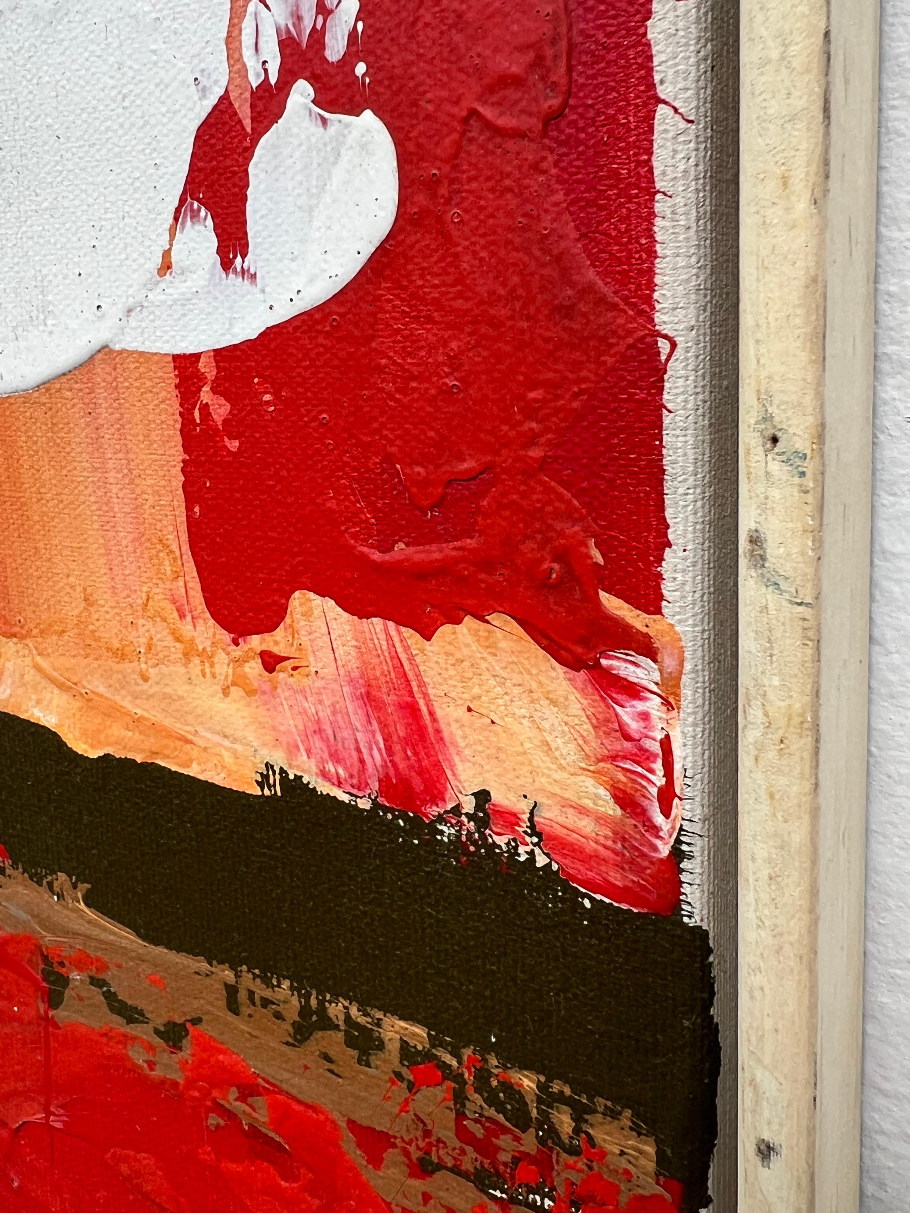 Une grande et impressionnante huile sur toile de Lee Reynolds Burr pour Vanguard Studios. Lourds coups de pinceau empâtés sur toile avec des rouges pompiers, du noir, du blanc et du jaune. Encadré dans un cadre crème d'époque. Signé sur le devant.