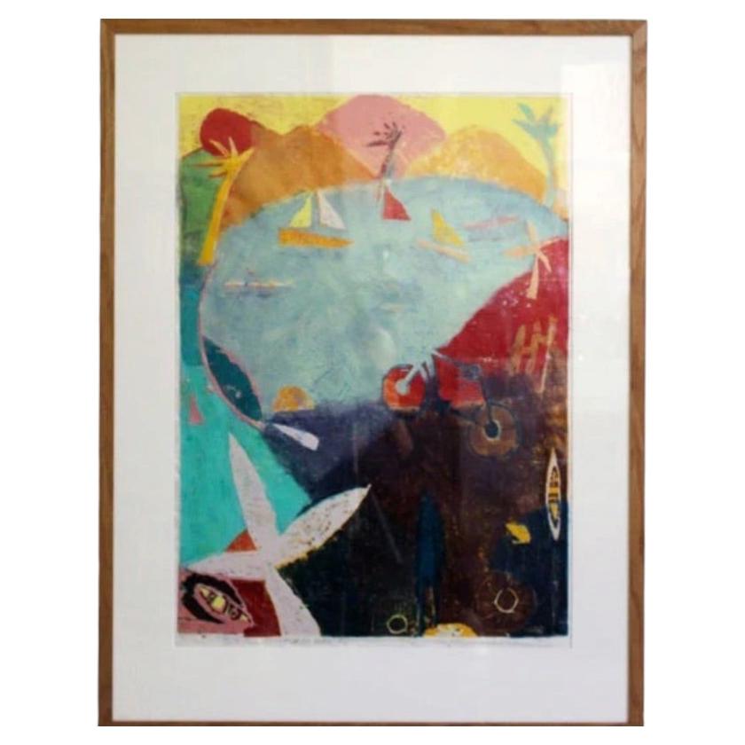 A Colourful Abstract Screen Print of Lake Scene Entitled 'Biking Round the Lake' For Sale