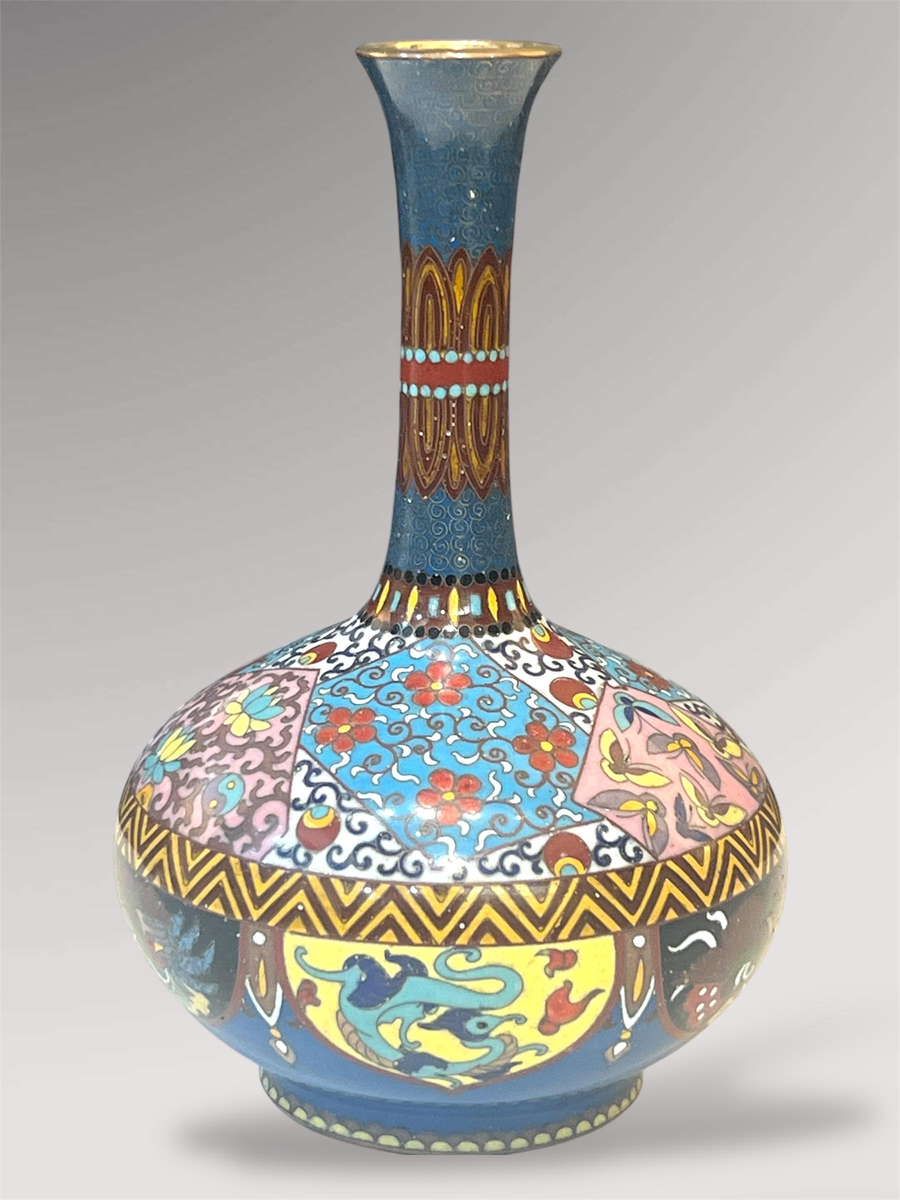 
A Fine Japanese Cloisonné Vase decorated with Mythical creatures and floral decoration.


Meiji period (c. 1890–1910)


A finely worked in silver and gold wire, the globular body features patchwork panels of stylised blossoms and foliage, set above