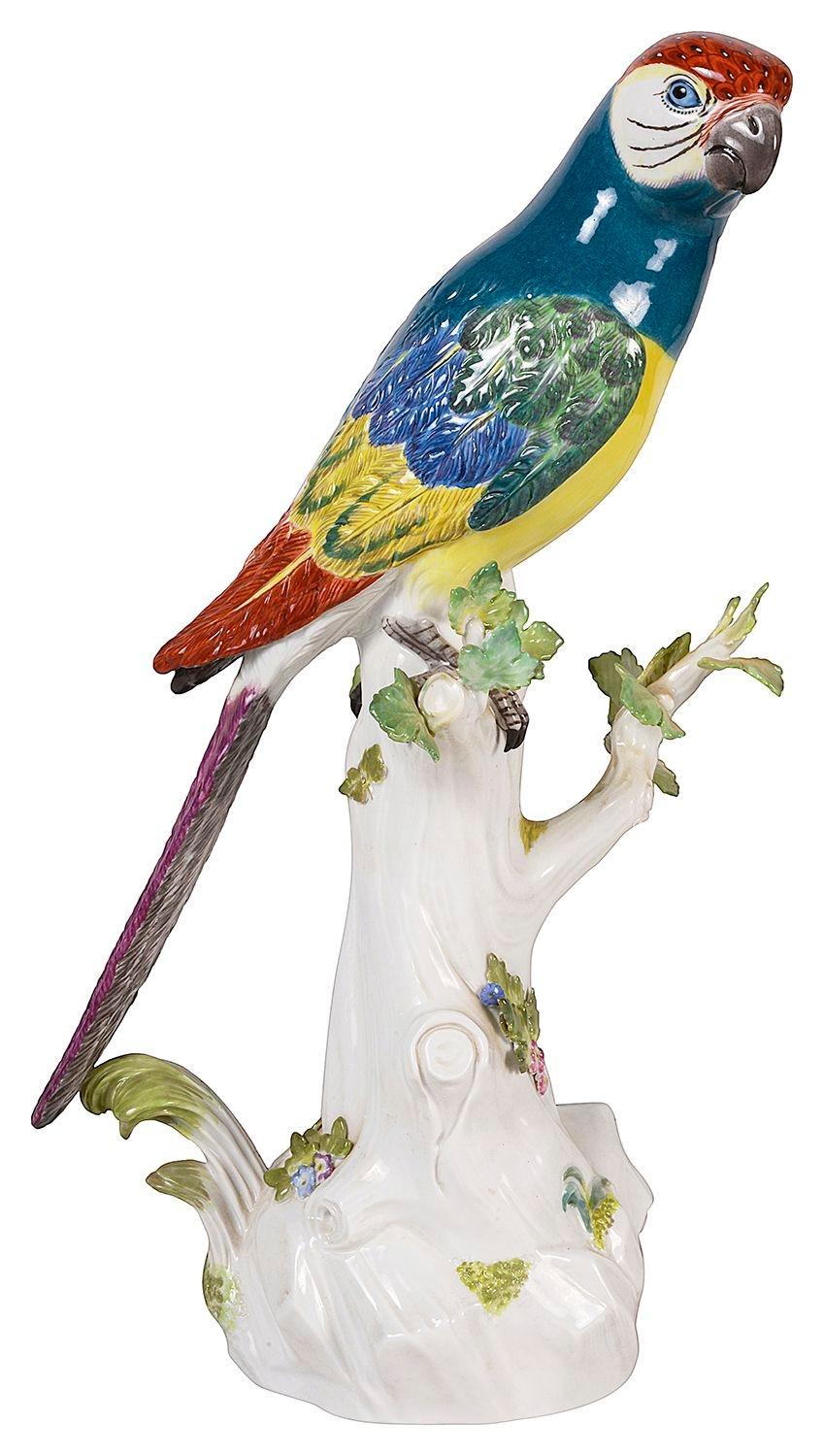 A naturalistically modelled Meissen parrot with wonderfully colourful plumage perched on a tree stump, circa 1890.
 
Batch 71 61576. DUSYN.
