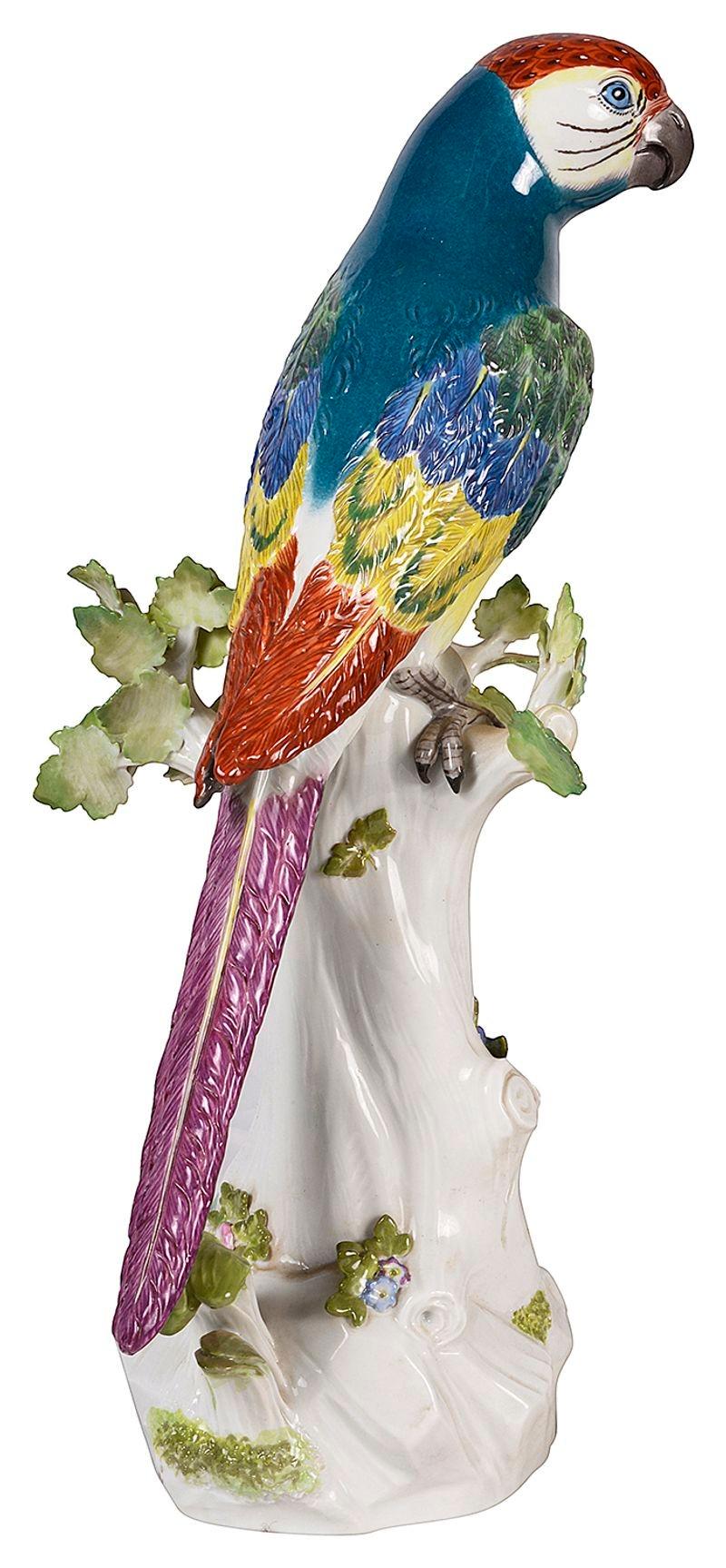 German Colourful Meissen Parrot Modelled Perched on a Tree Stump