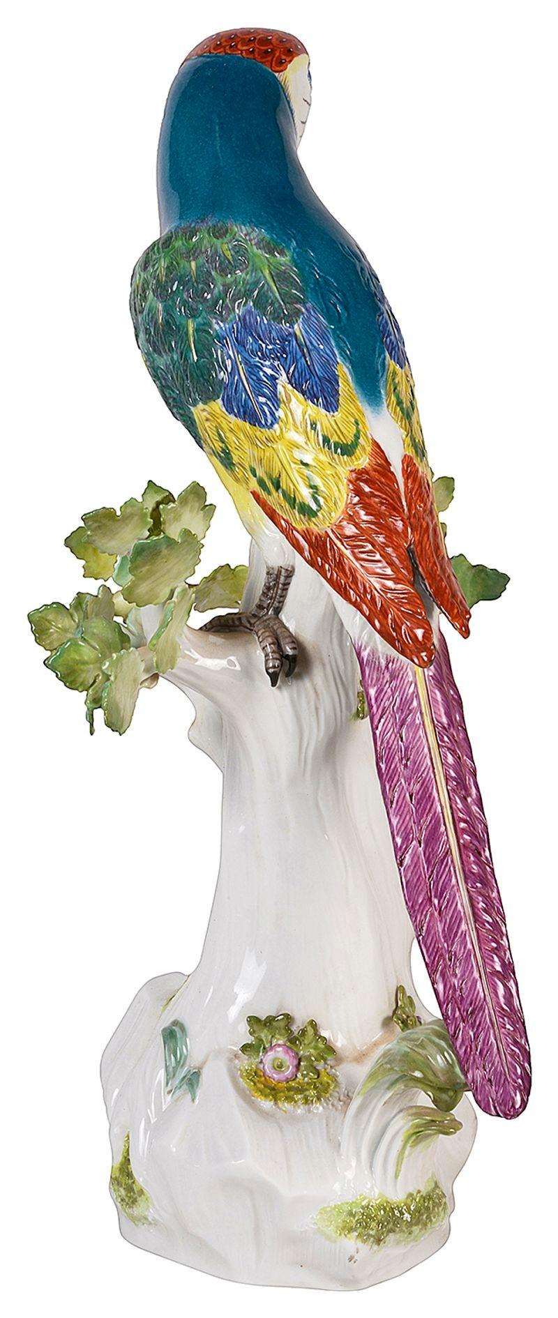 Hand-Painted Colourful Meissen Parrot Modelled Perched on a Tree Stump