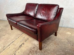 Compact Vintage Danish 70 S Deep Red Two Seater Leather Sofa #443