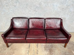 Compact Vintage Danish 70s Deep Red Three Seater Leather Sofa #444