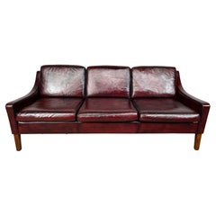 Compact Vintage Danish 70s Deep Red Three Seater Leather Sofa #444