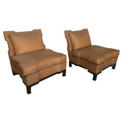 Complicated Pair of 1950’s Regency Slipper Chairs in Angular Chinoiserie Theme