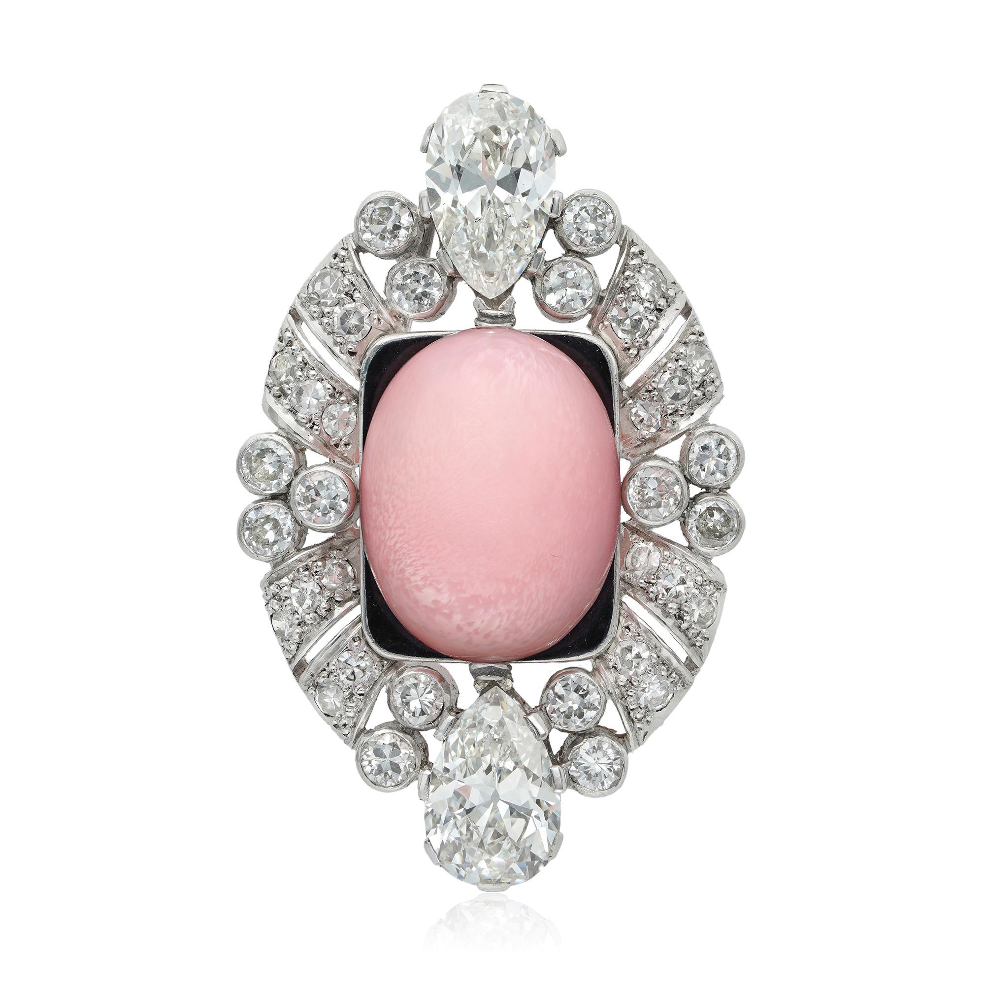 A conch pearl, diamond and enamel brooch/pendant, the pink pearl measuring 14.3 x 11.3 mm, accompanied by GCS Report  stating to be natural, surrounded by a cushion shaped black enamelled frame, vertically-set between two pear-shaped diamonds, the