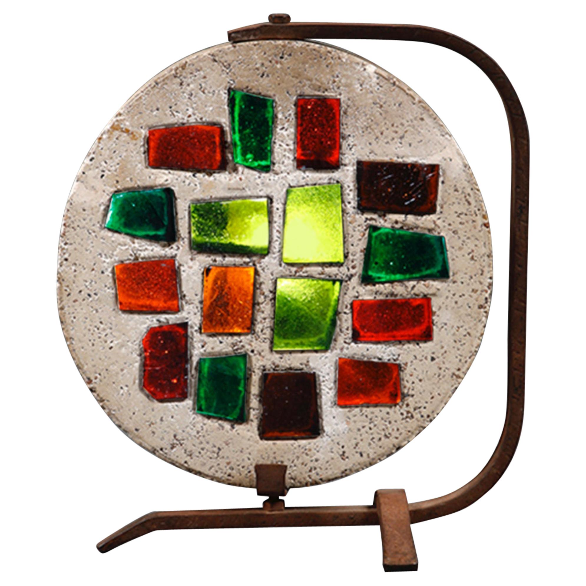 A brutalist concrete and stained glass lamp, circa 1950