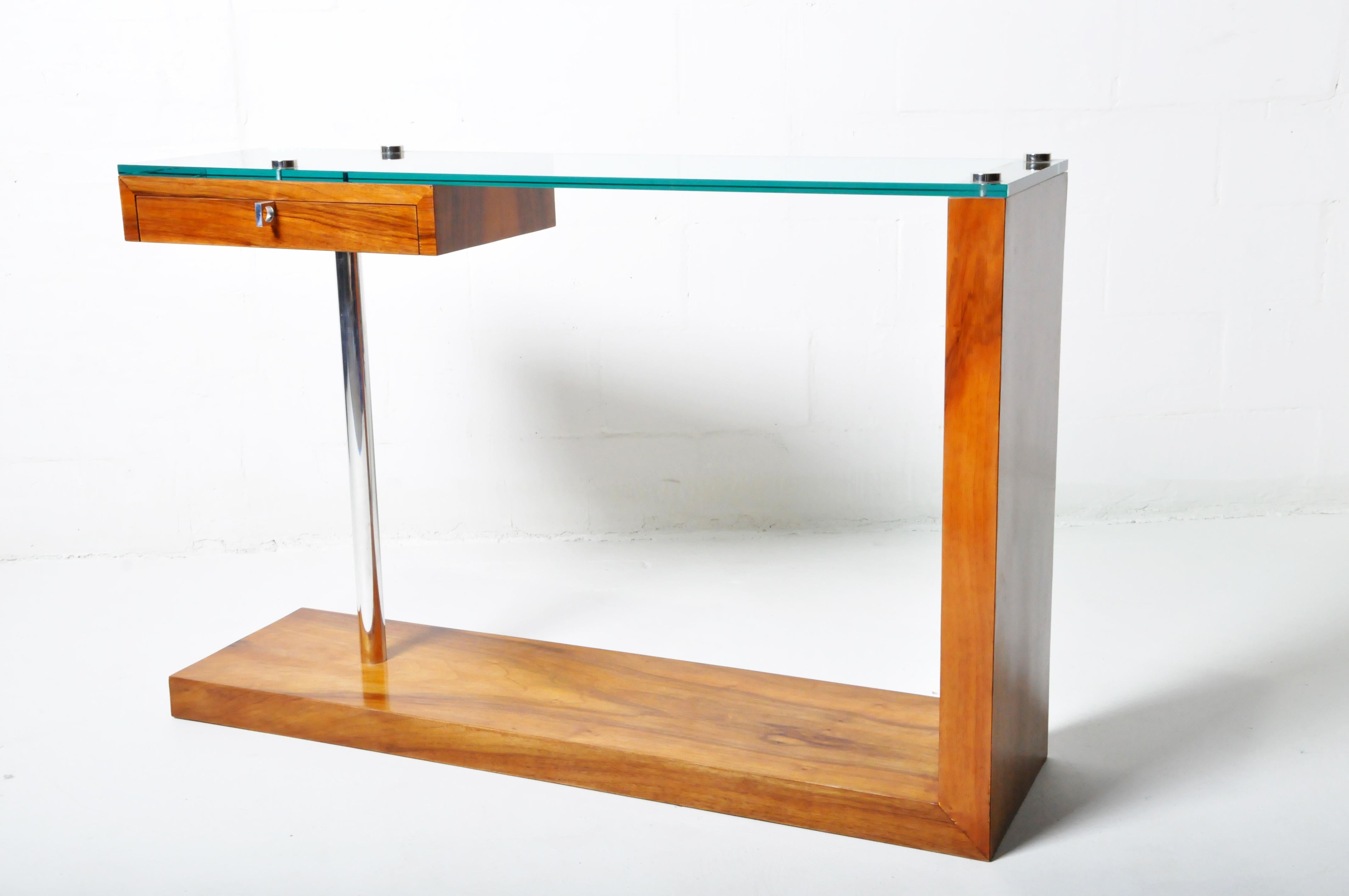 Hungarian Console Table with Walnut Veneer and a Glass Top