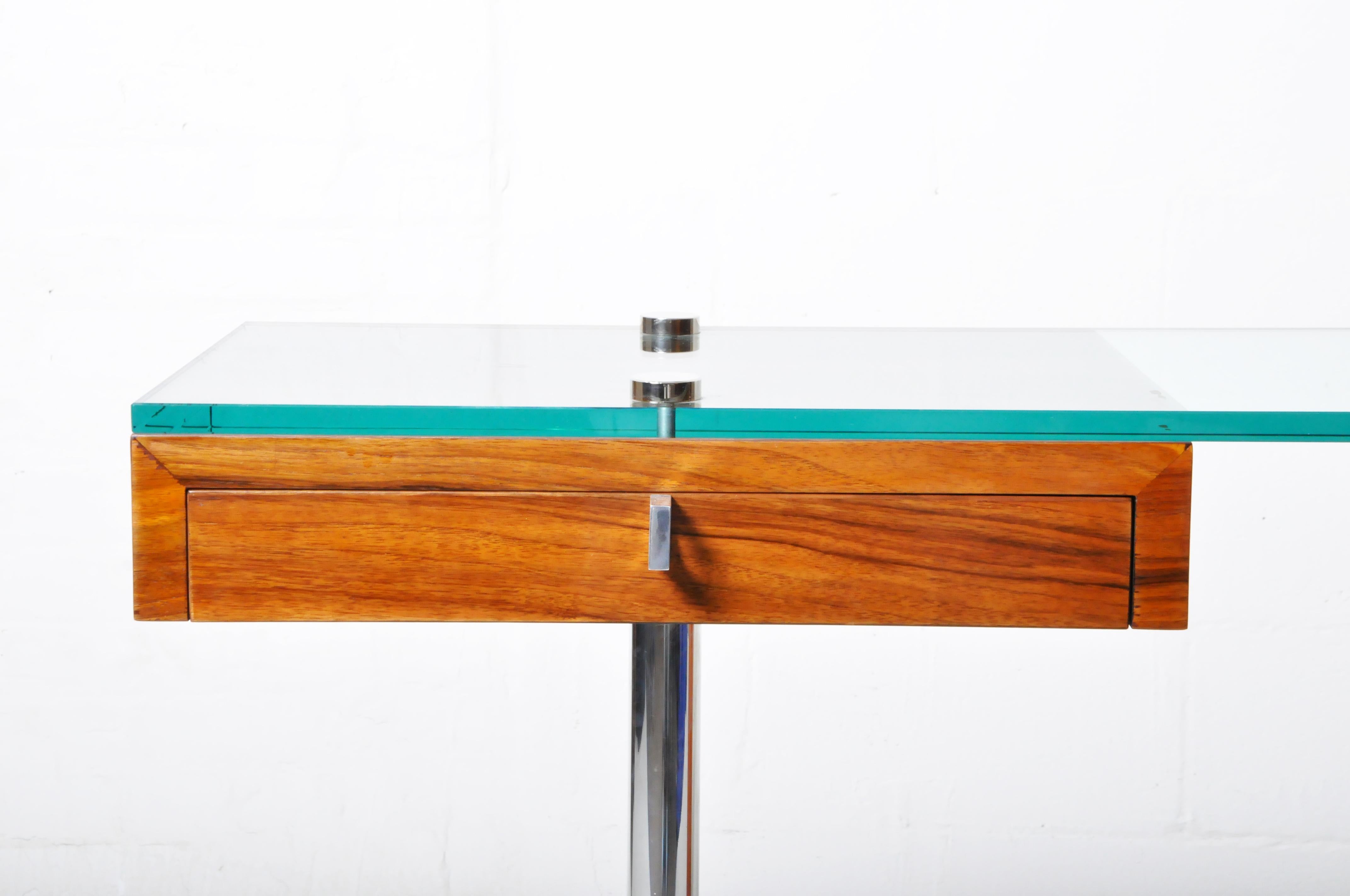 Lacquered Console Table with Walnut Veneer and a Glass Top