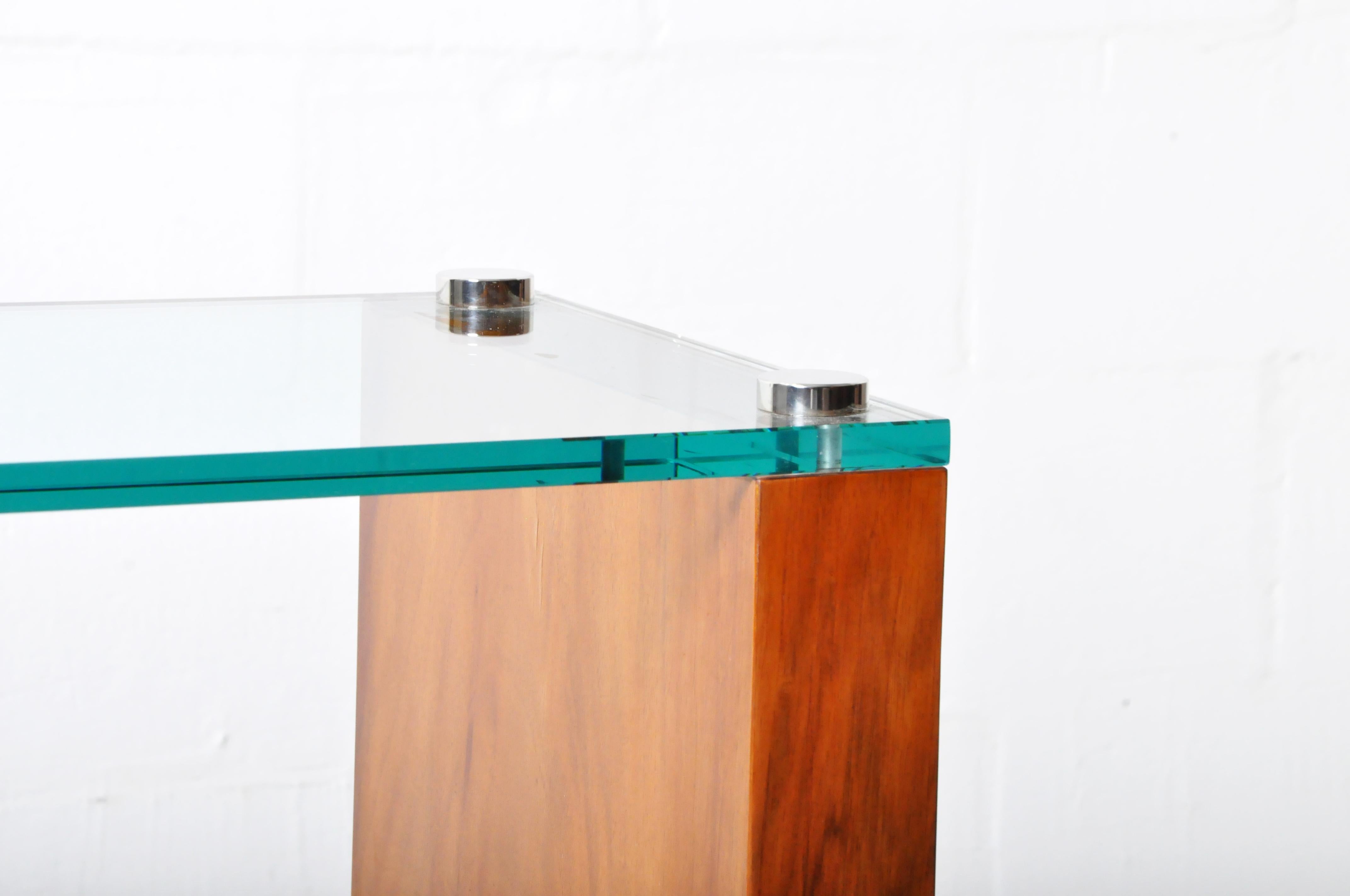 Console Table with Walnut Veneer and a Glass Top In Good Condition In Chicago, IL