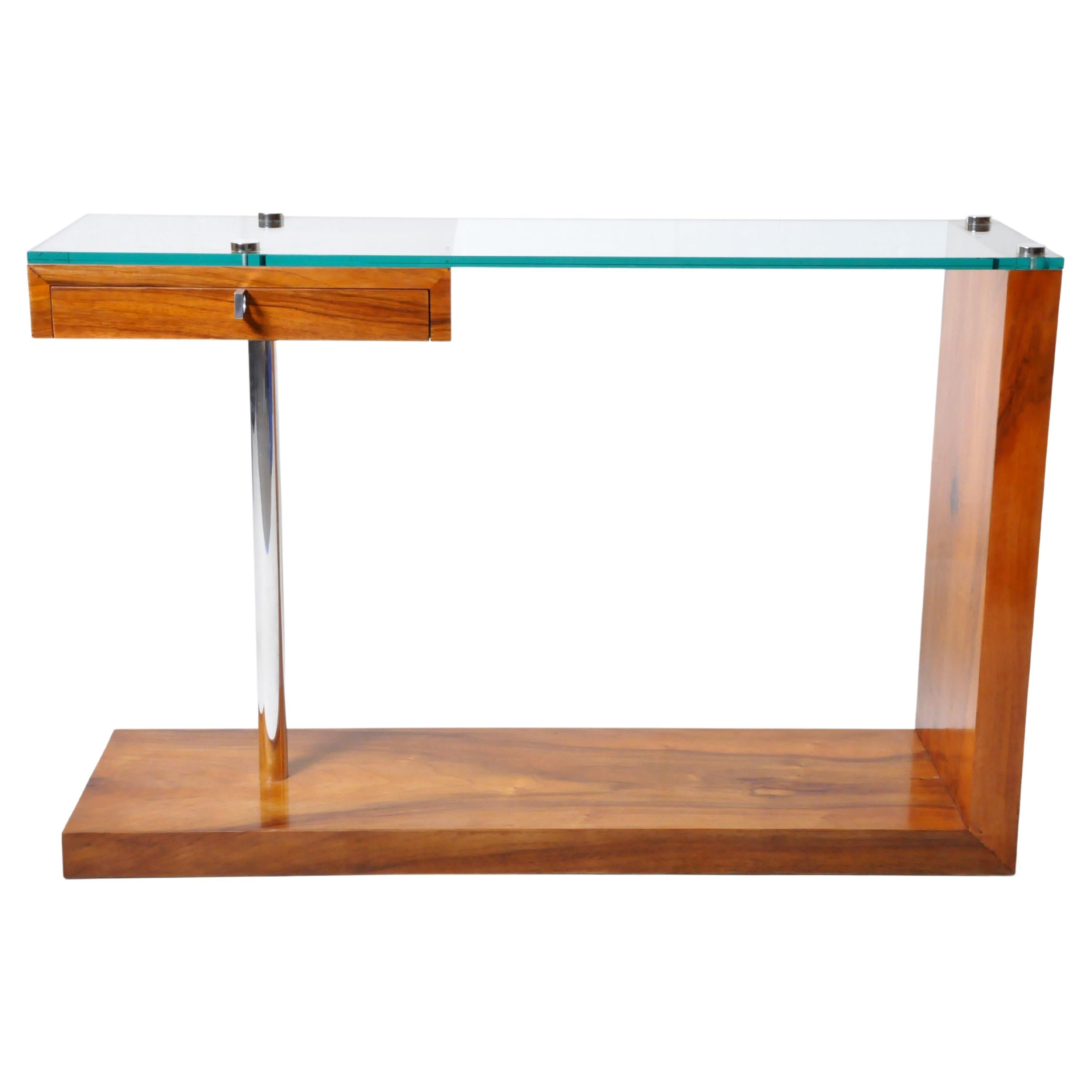 Console Table with Walnut Veneer and a Glass Top