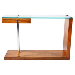 Console Table with Walnut Veneer and a Glass Top