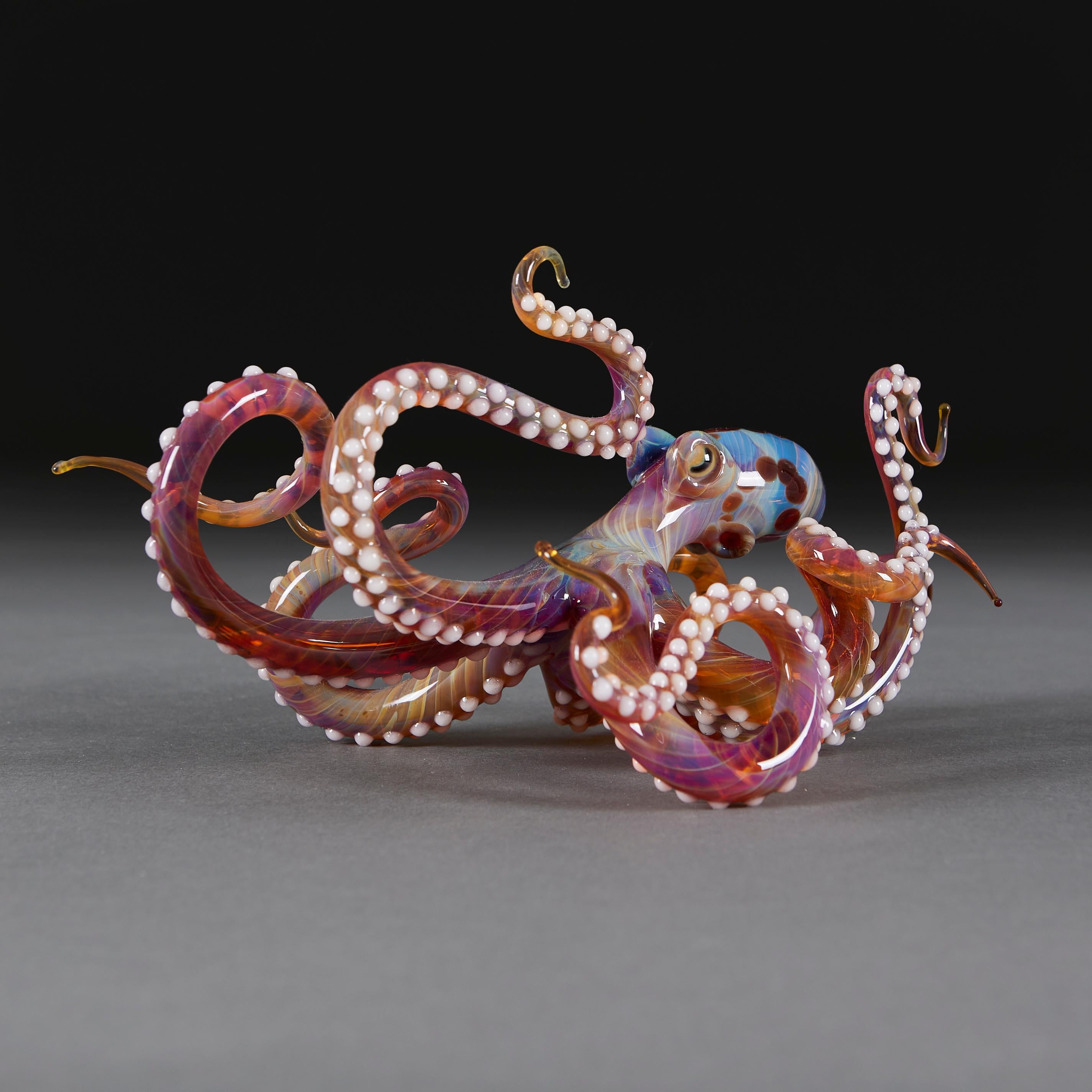 An unusual scrolling glass sculpture of an octopus, with animated tentacles, the glass with agate colouring. Made by a talented English glassblower, trained in Murano and now working in the UK.