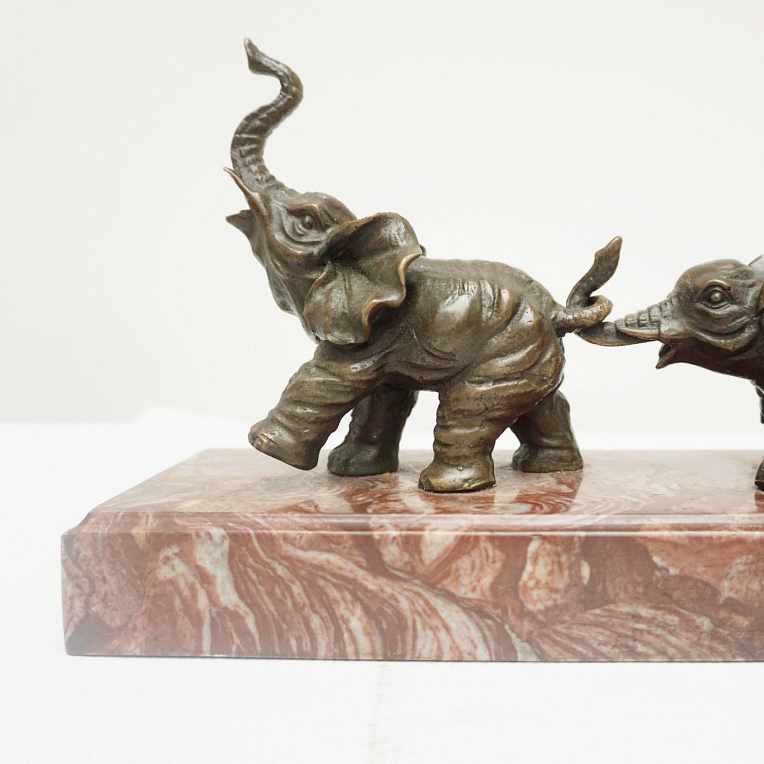 Art Deco Contemporary Bronze Sculpture of a Herd of Elephants on a Marble Base