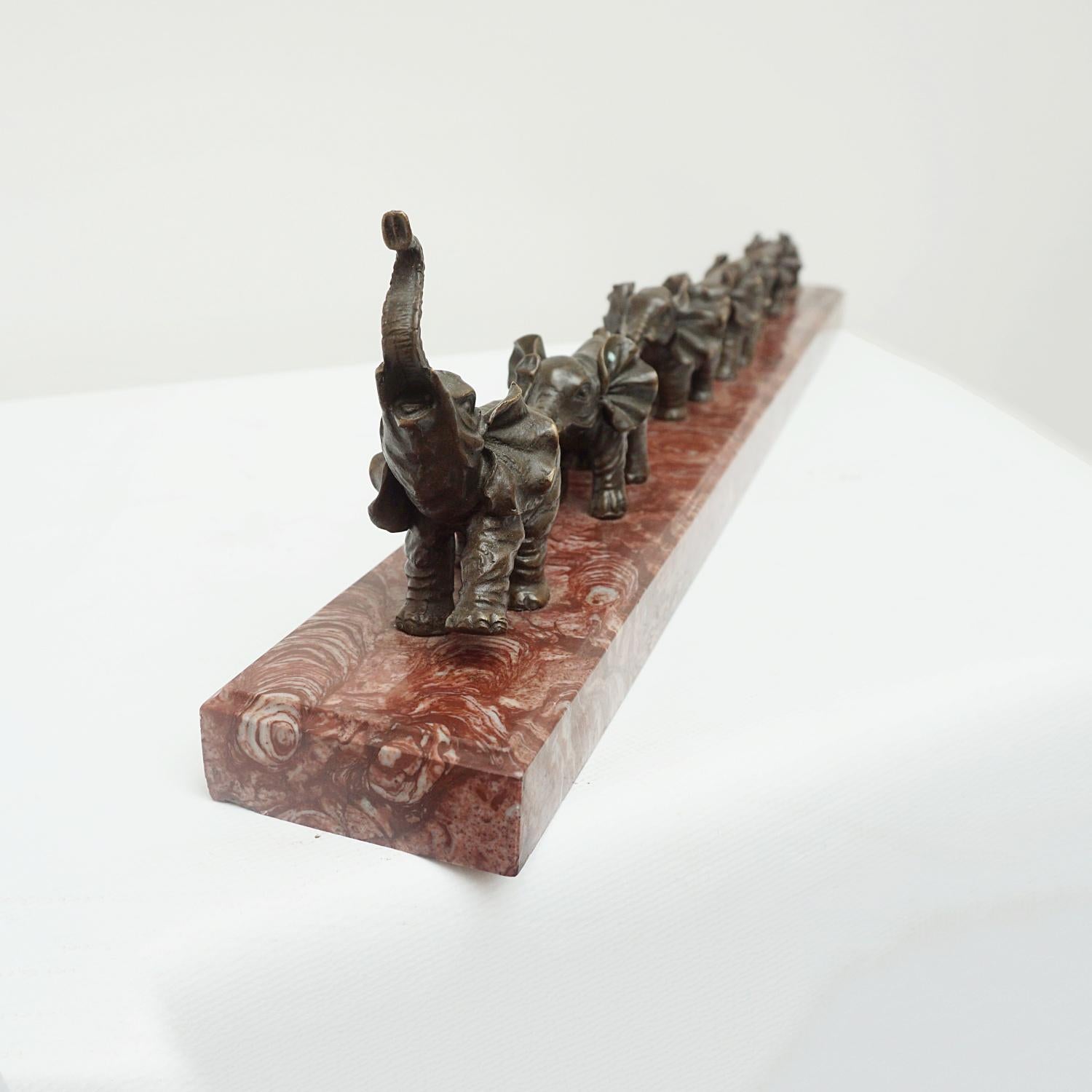 20th Century Contemporary Bronze Sculpture of a Herd of Elephants on a Marble Base